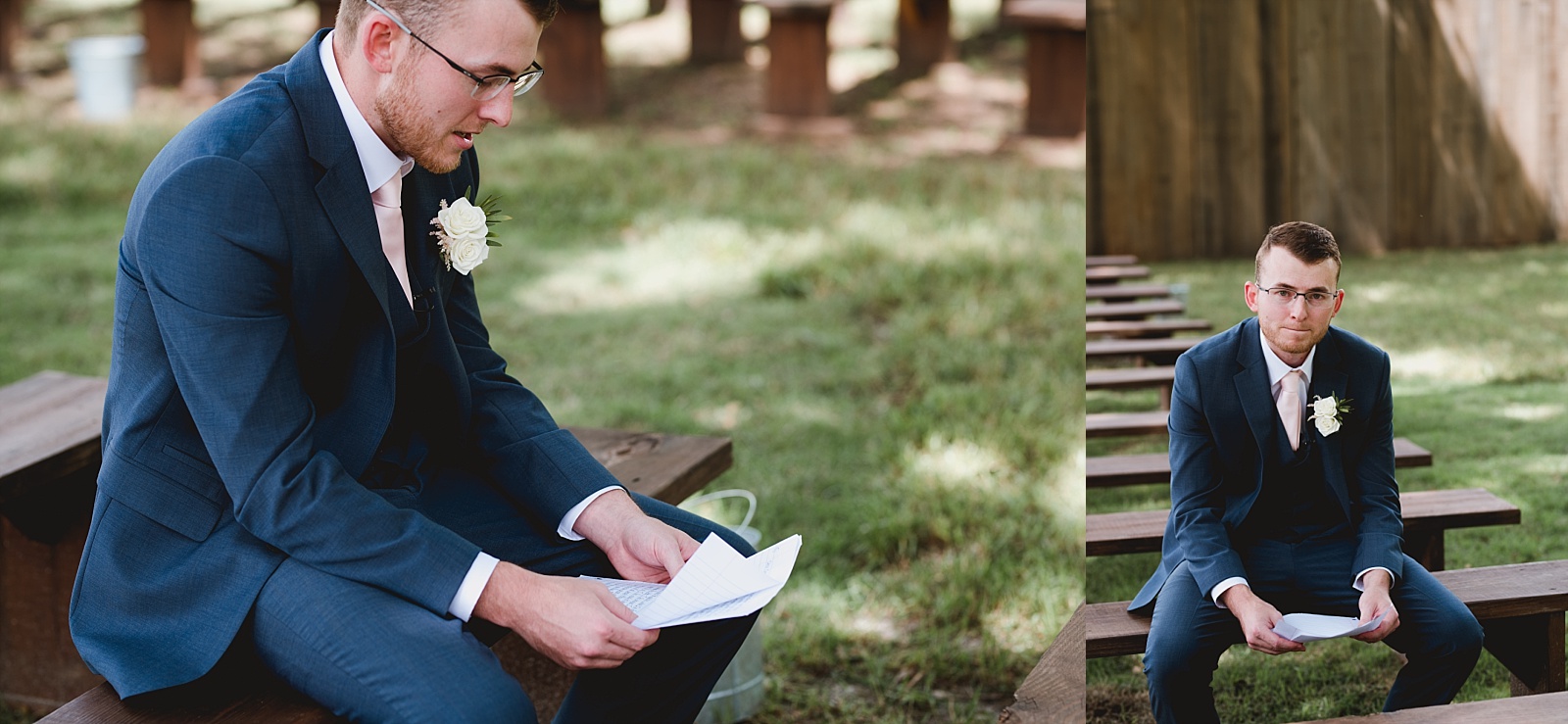 Groom reading a letter from his bride prior to the wedding ceremony.