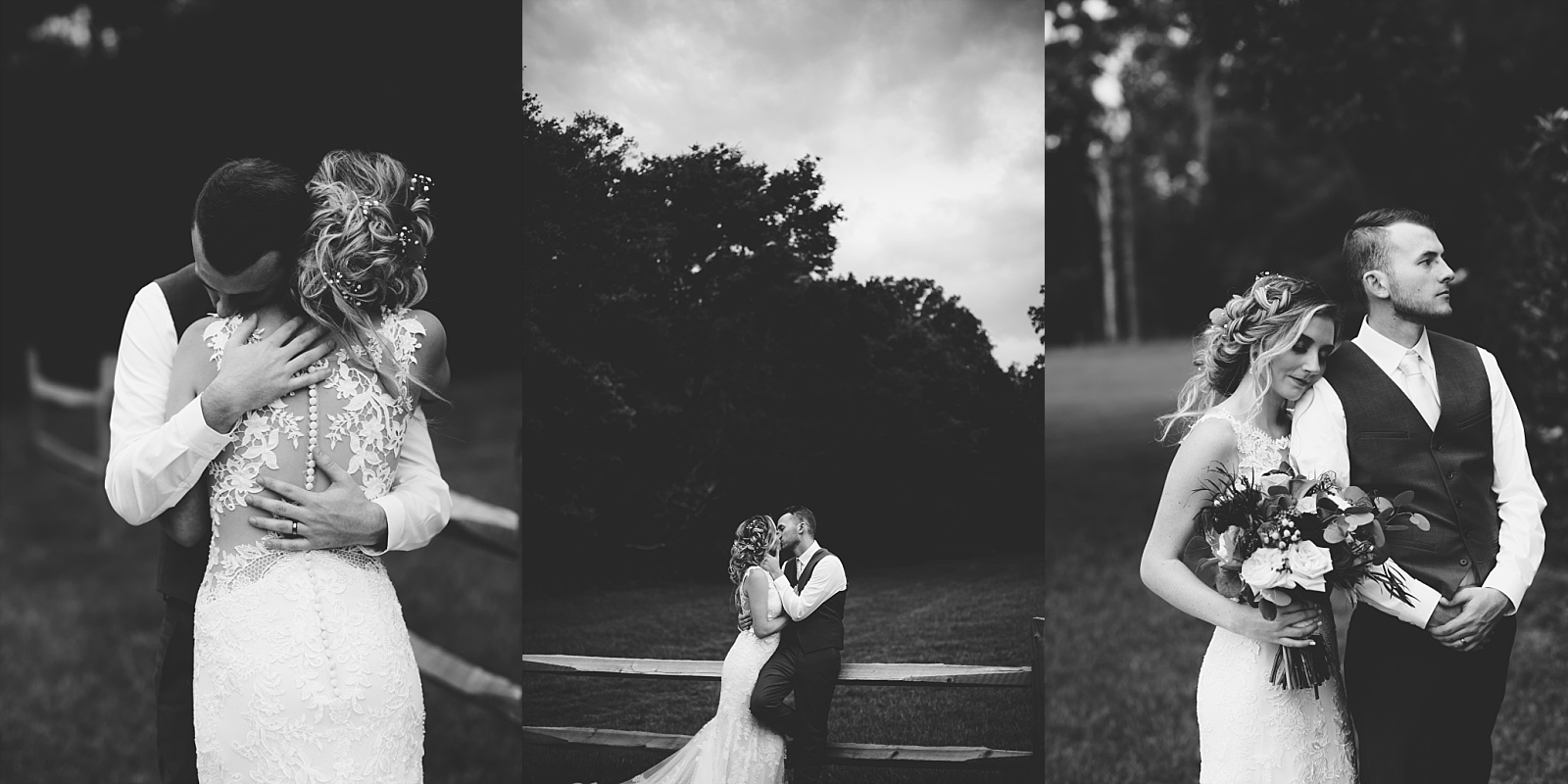 Intimate black and white photos of the bride and groom on their wedding day.