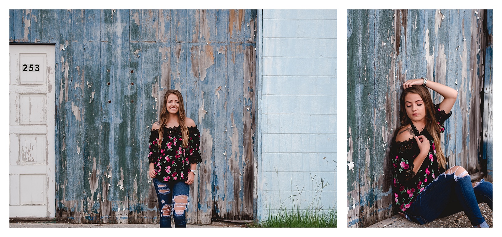 High school senior girl portraits with rustic wall. Shelly Williams Photography
