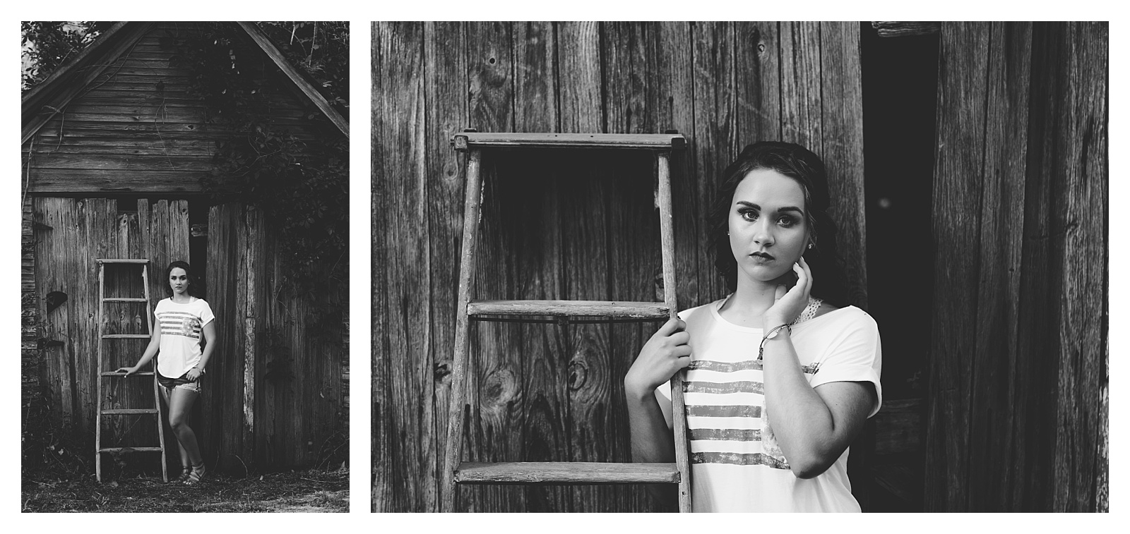 Black and white senior photo with rustic building