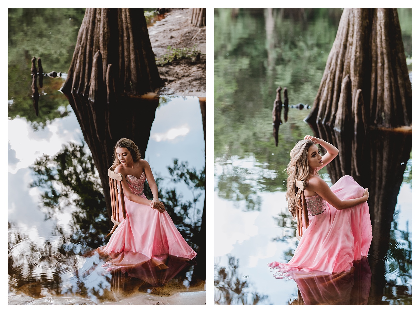 Formal gown senior photos in the water with a chair | Shelly Williams Photography