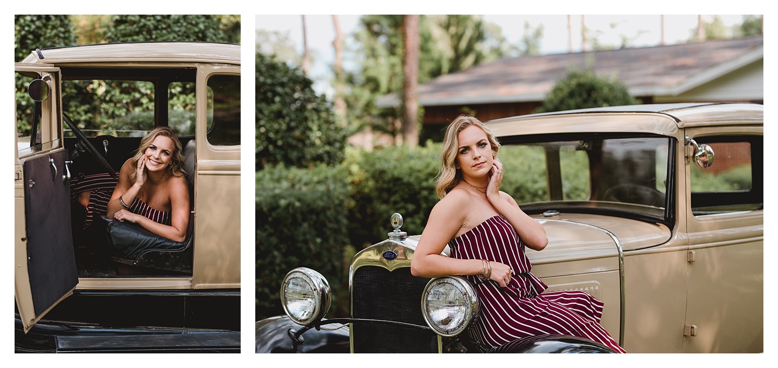 Antique car poses for the high school senior. Shelly Williams Photography