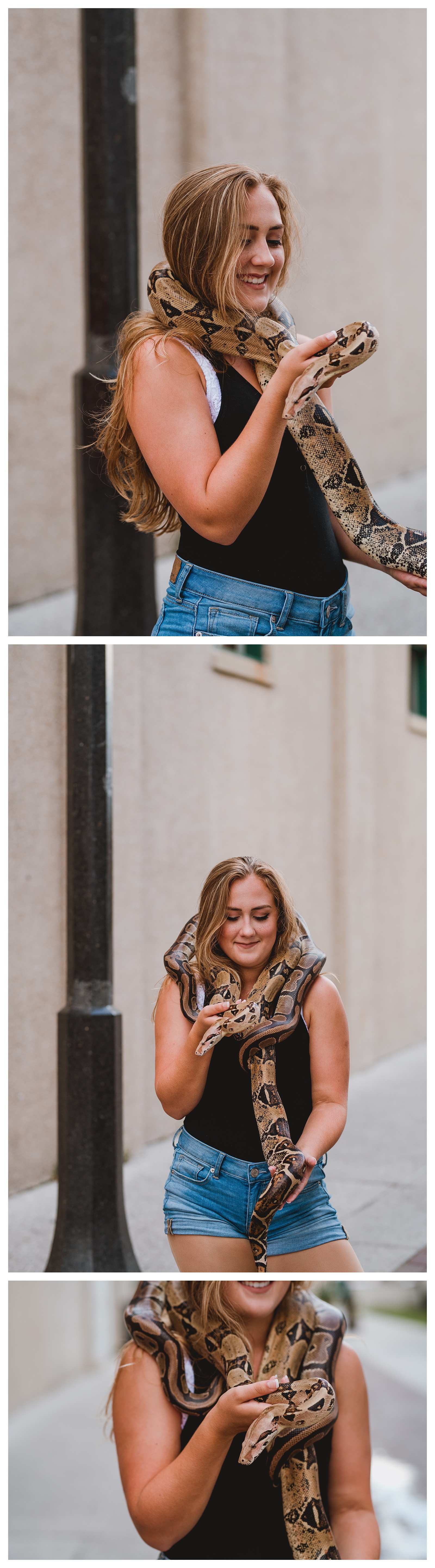 Unique senior portraits girl holding snake in Florida. Shelly Williams Photography