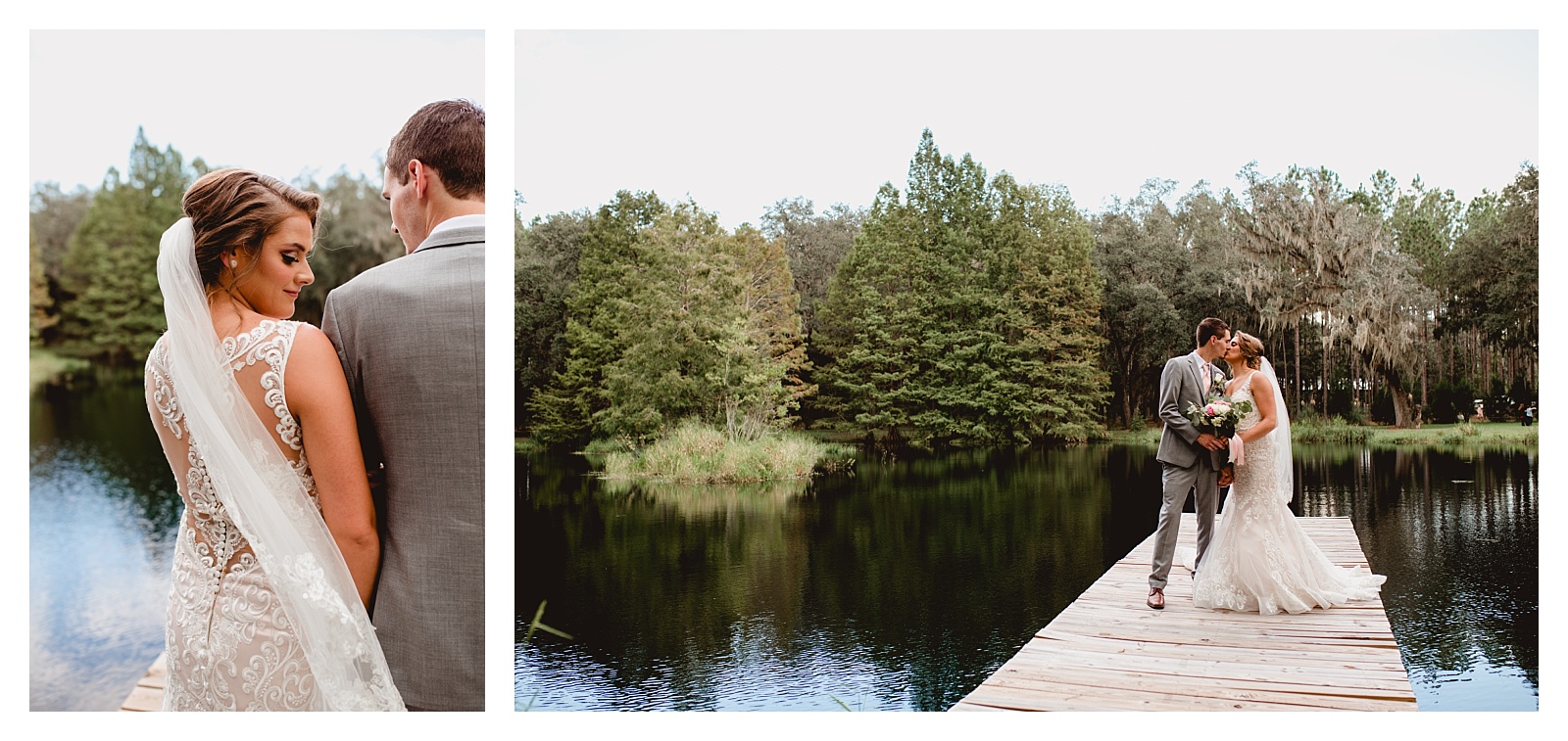 Wedding couple standing on a dock on a pond in Lake City, Florida. Shelly Williams Photography