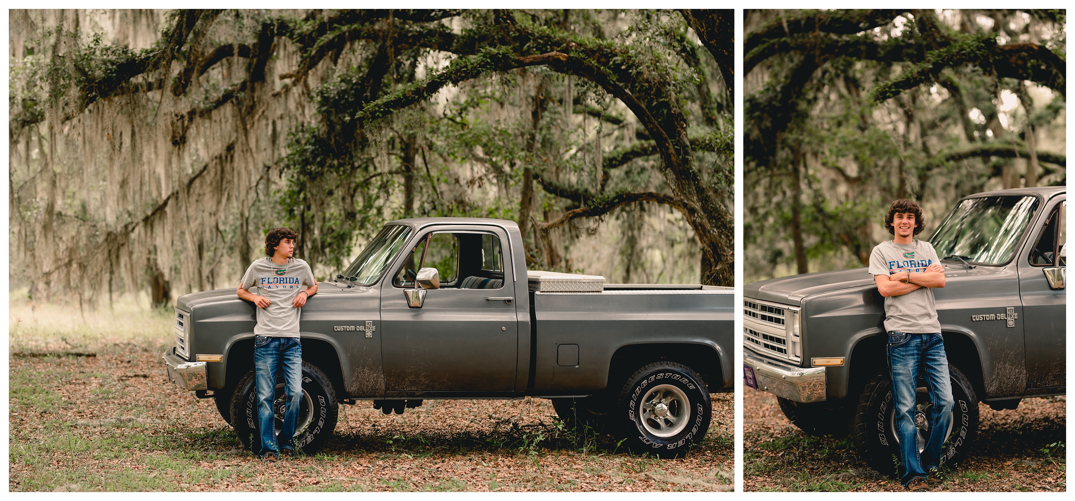 Guy senior pics for last year in high school. Guy leaned up against a truck. 