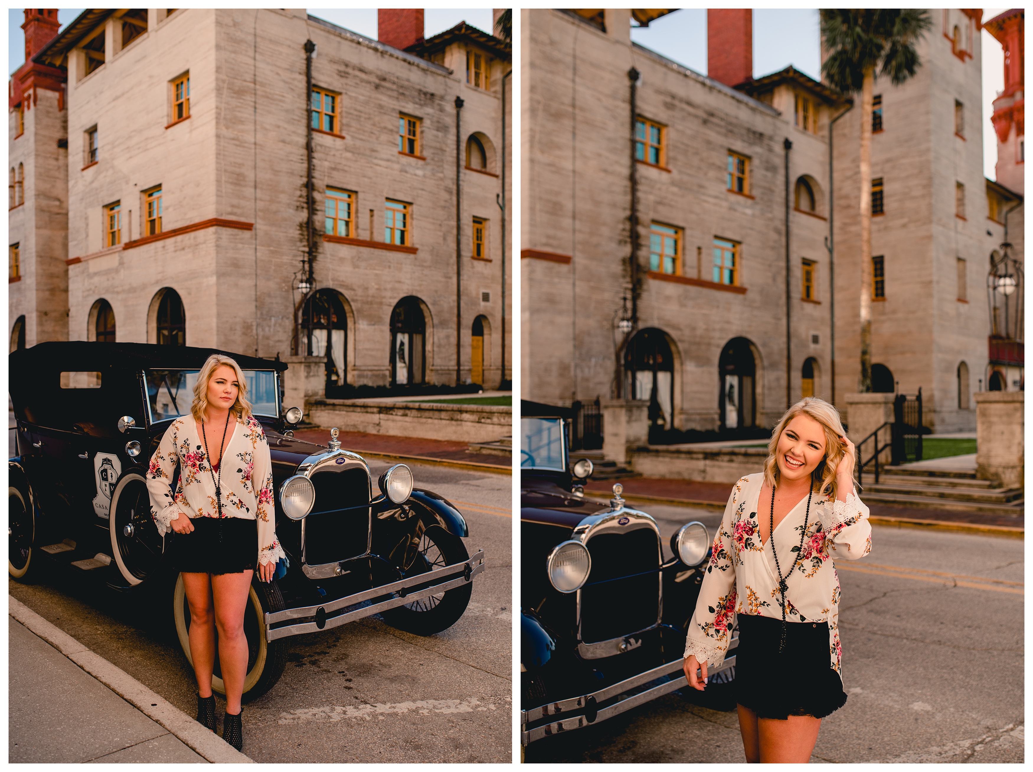 High school senior girl and old car in downtown St. Augustine. Shelly Williams Photography