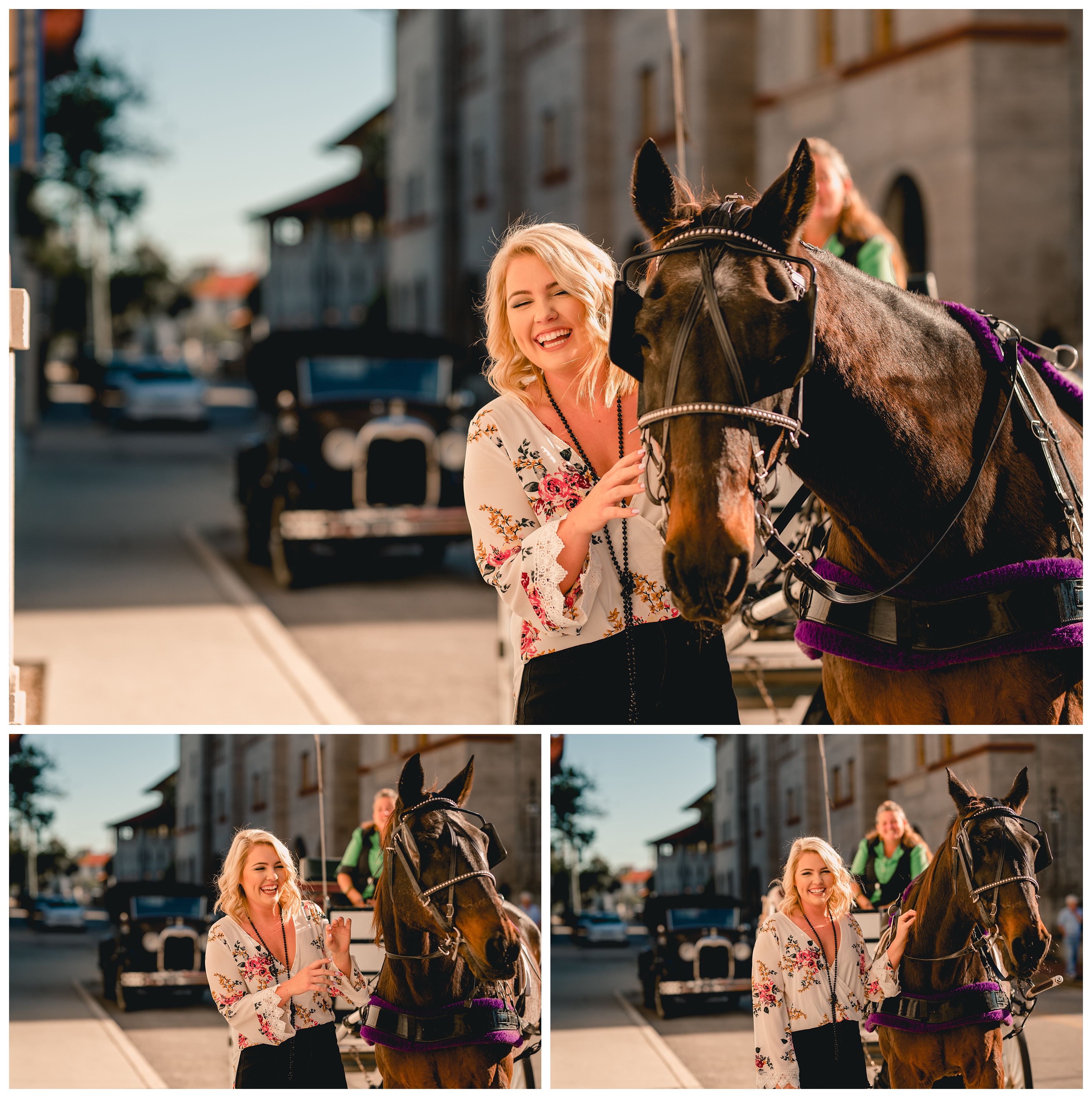 Carriage horse and senior girl posing for a photo in St. Augustine, Florida. Shelly Williams Photography