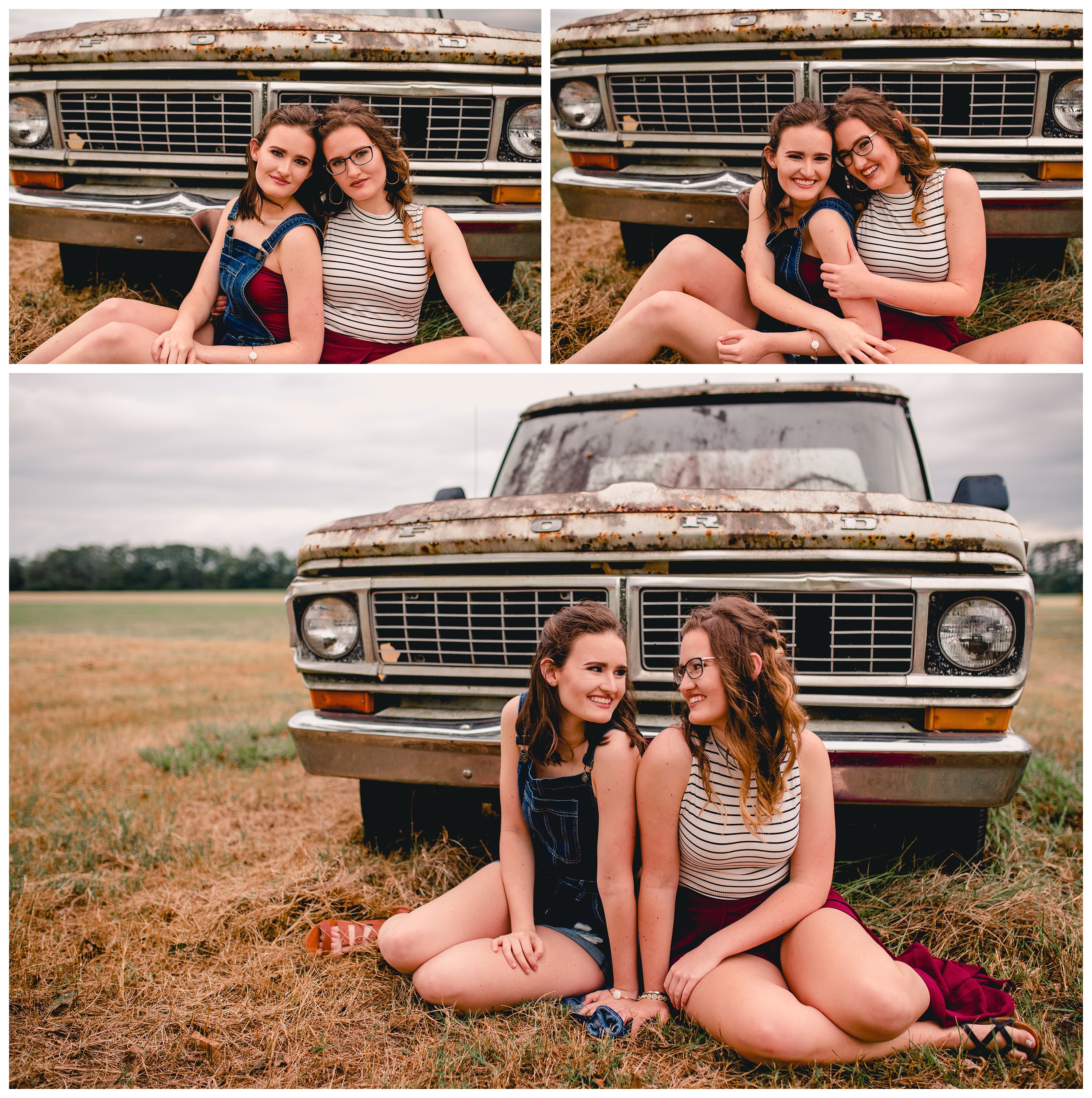High school senior twin girls take their pictures together on family farm. Candid and natural styled posing by Shelly Williams Photography