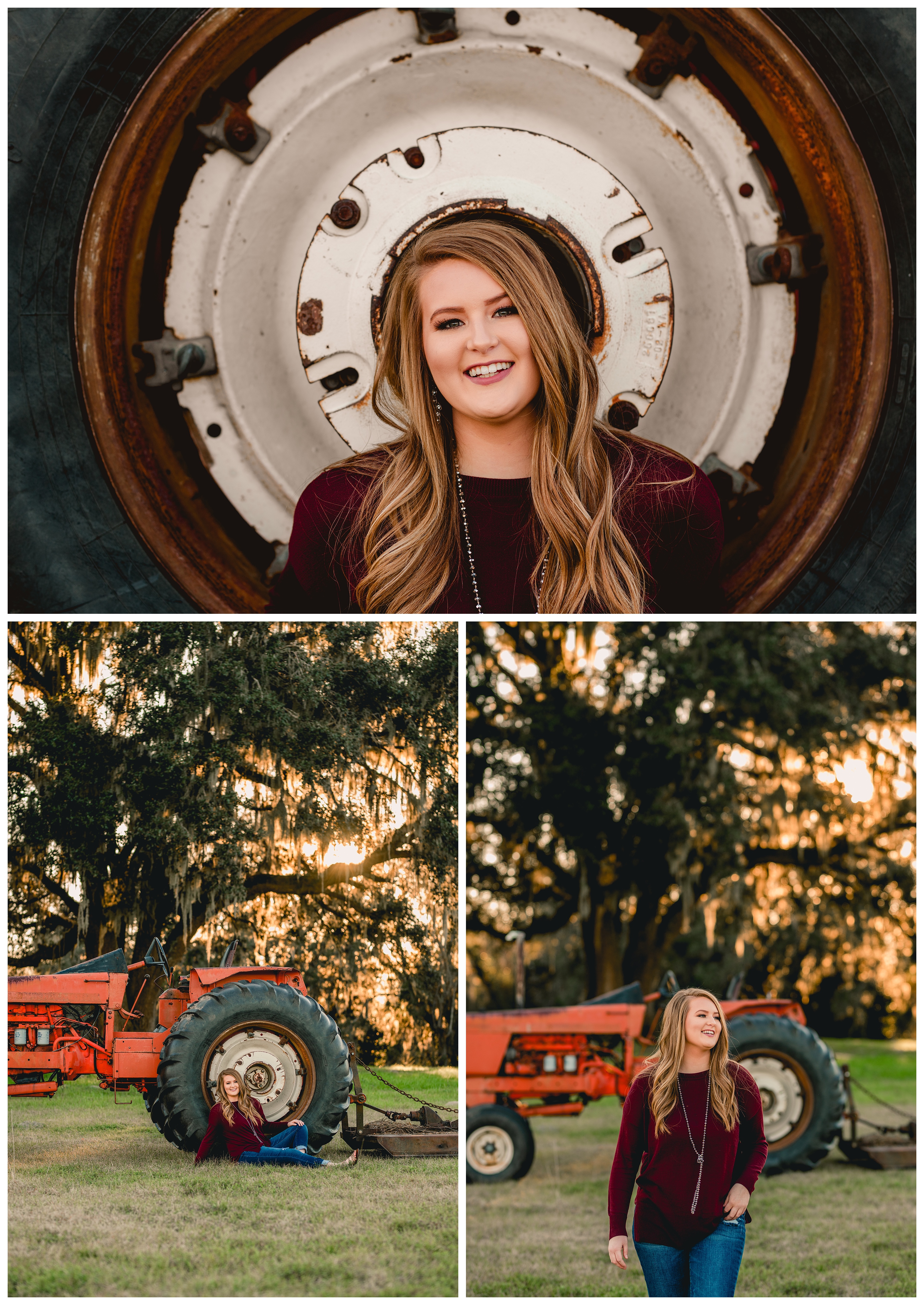 Senior girl with an old farm tractor during the golden hour. Shelly Williams Photography