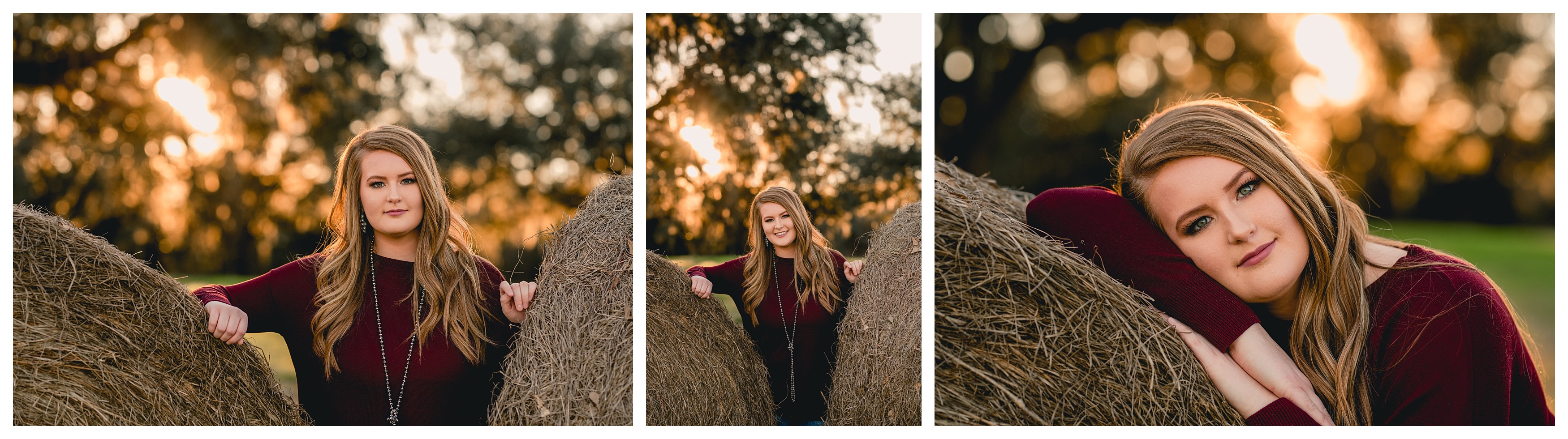 Senior girl with hay bale on her family farm for senior pictures. Shelly Williams Photography