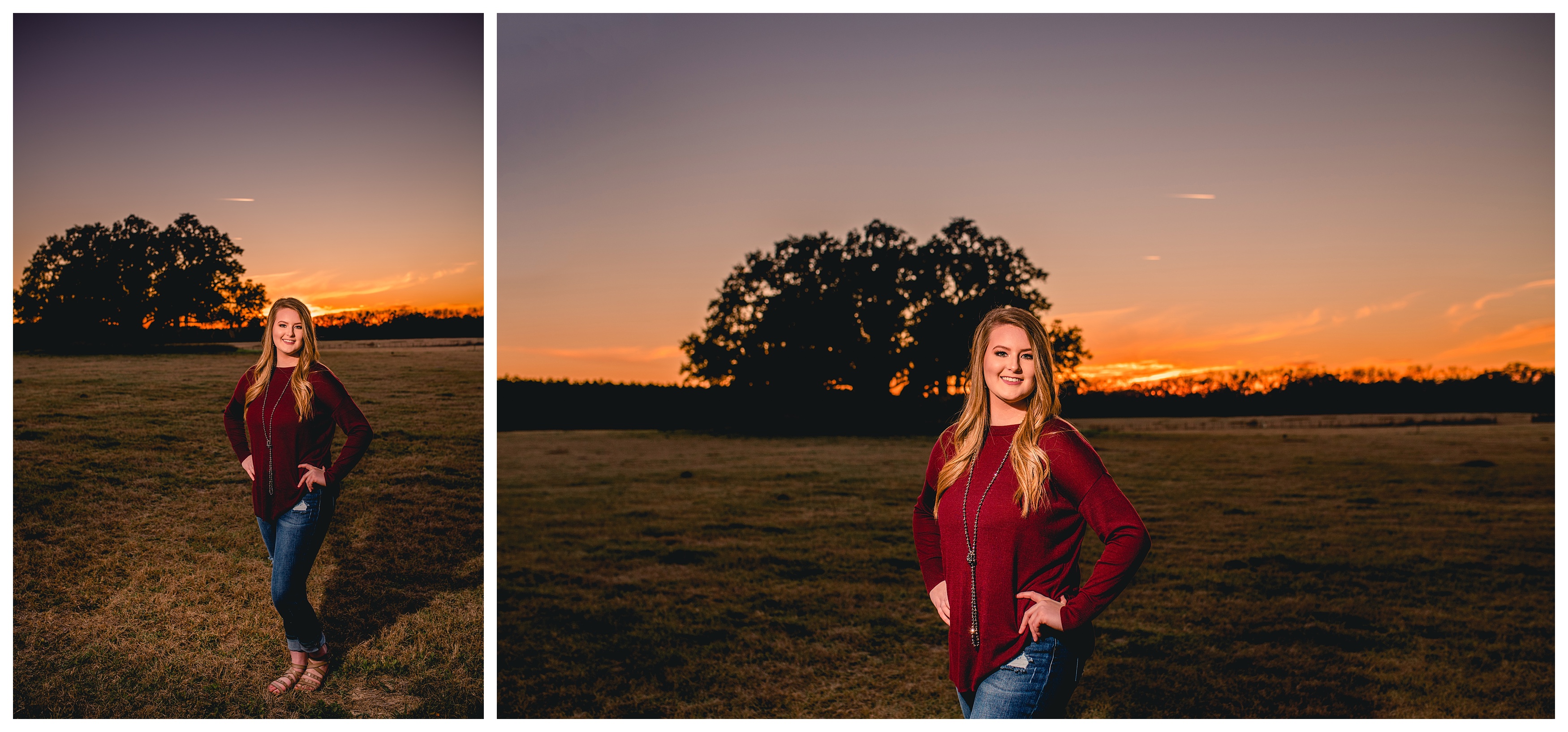 Senior photos taken at sunset with off camera flash to intensify the colorful sunset. Shelly Williams Photography