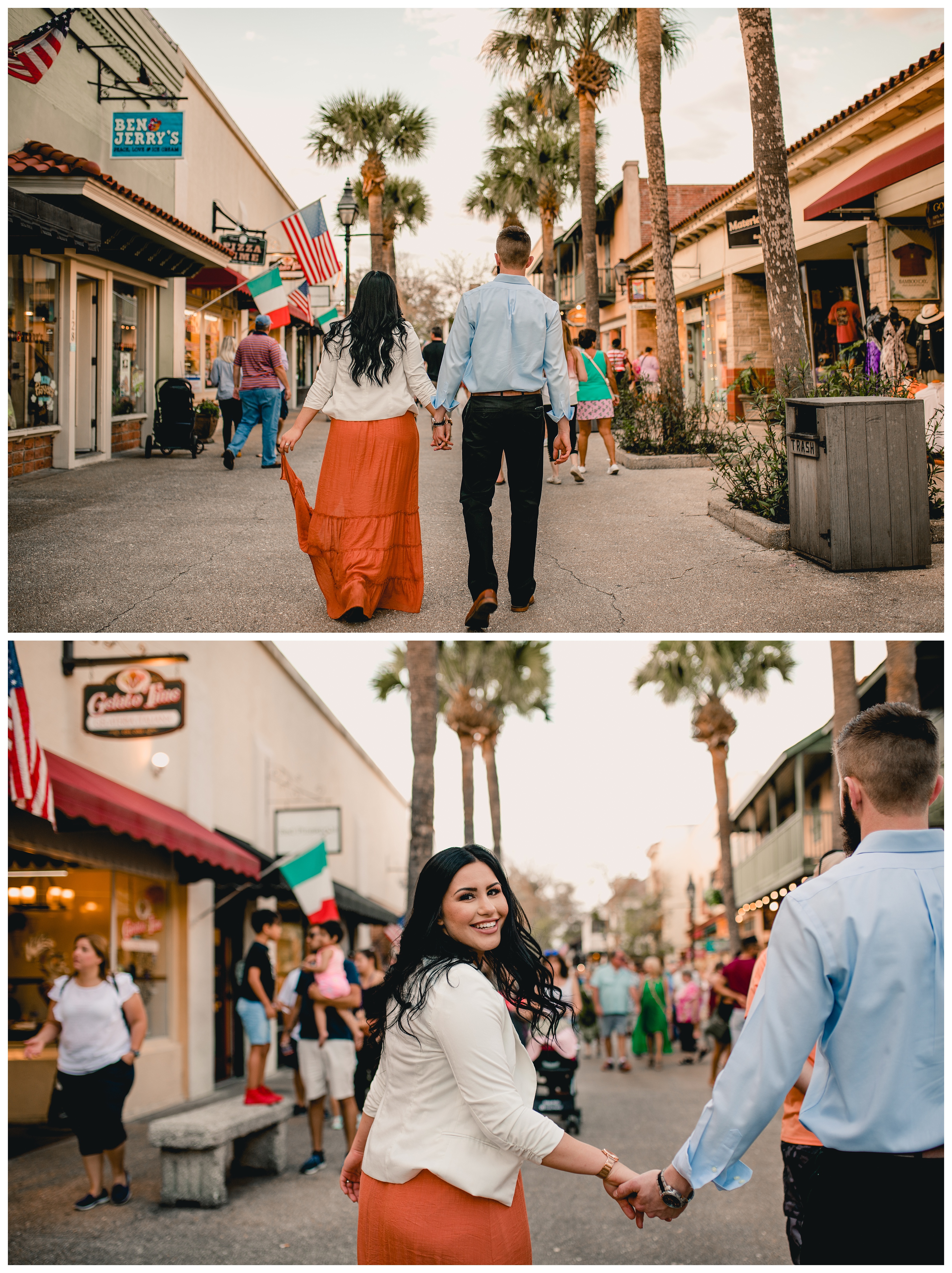 Strolling downtown historic St. Augustine for fun couples engagement pictures. Shelly Williams Photography