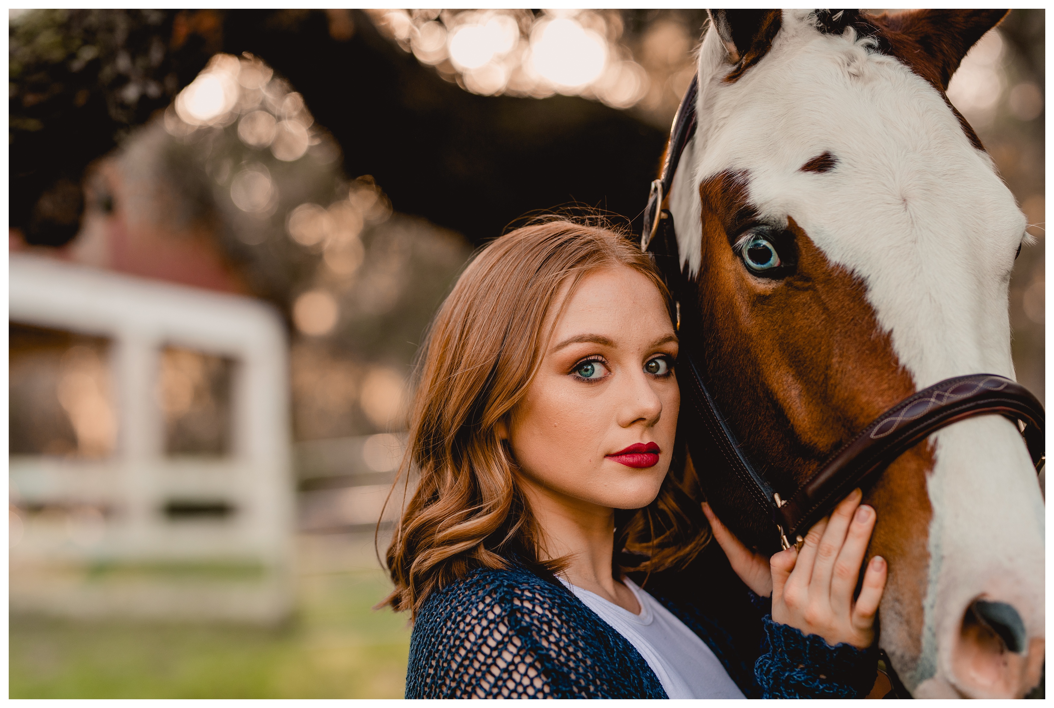 Blue eyed girl with blue eyed horse posing for their close up by professional photographer in Ocala, Fl. Shelly Williams Photography