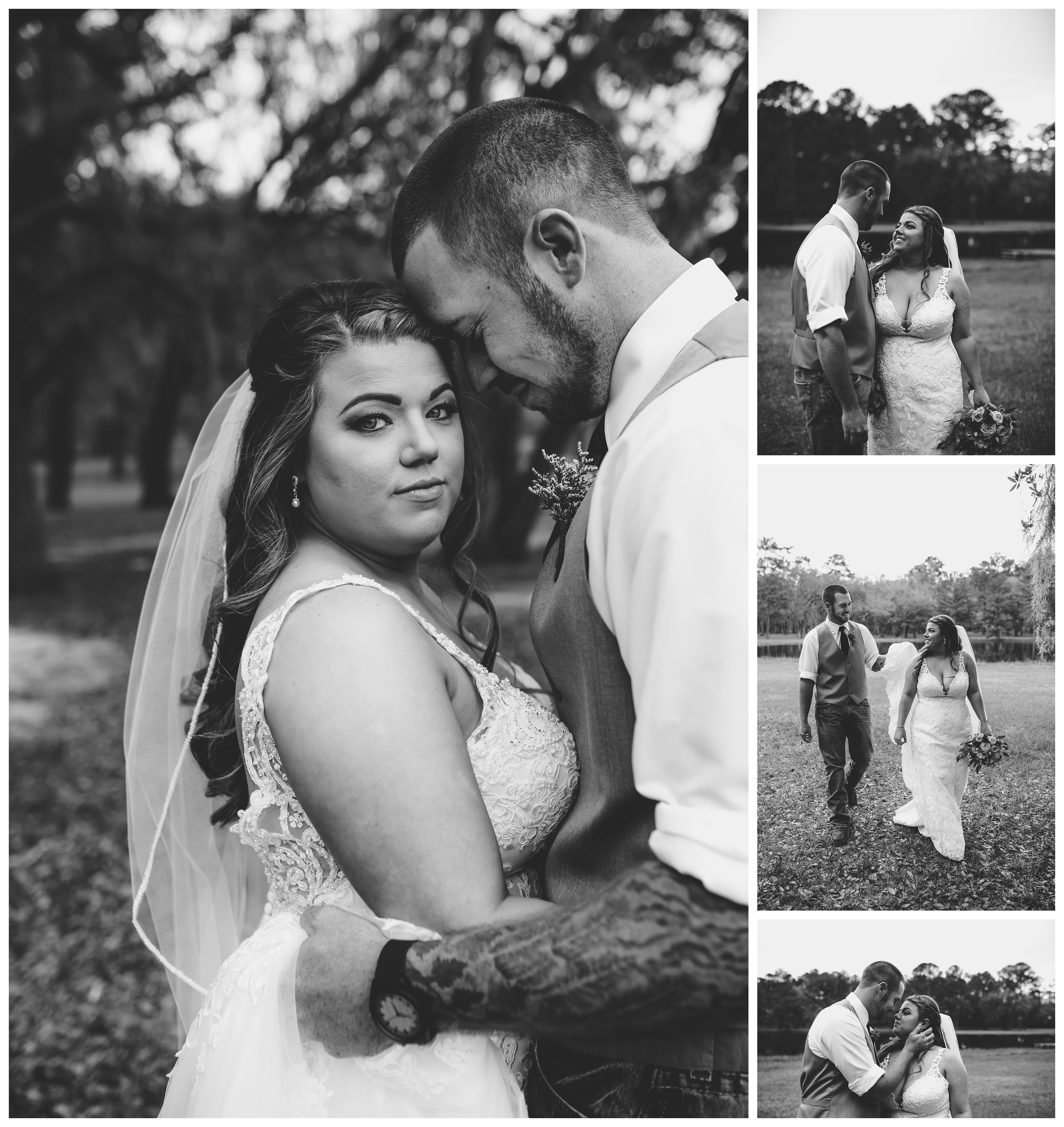 Black and white wedding portraits of bride and groom by documentary style photographer in Tallahassee, FL. Shelly Williams Photography