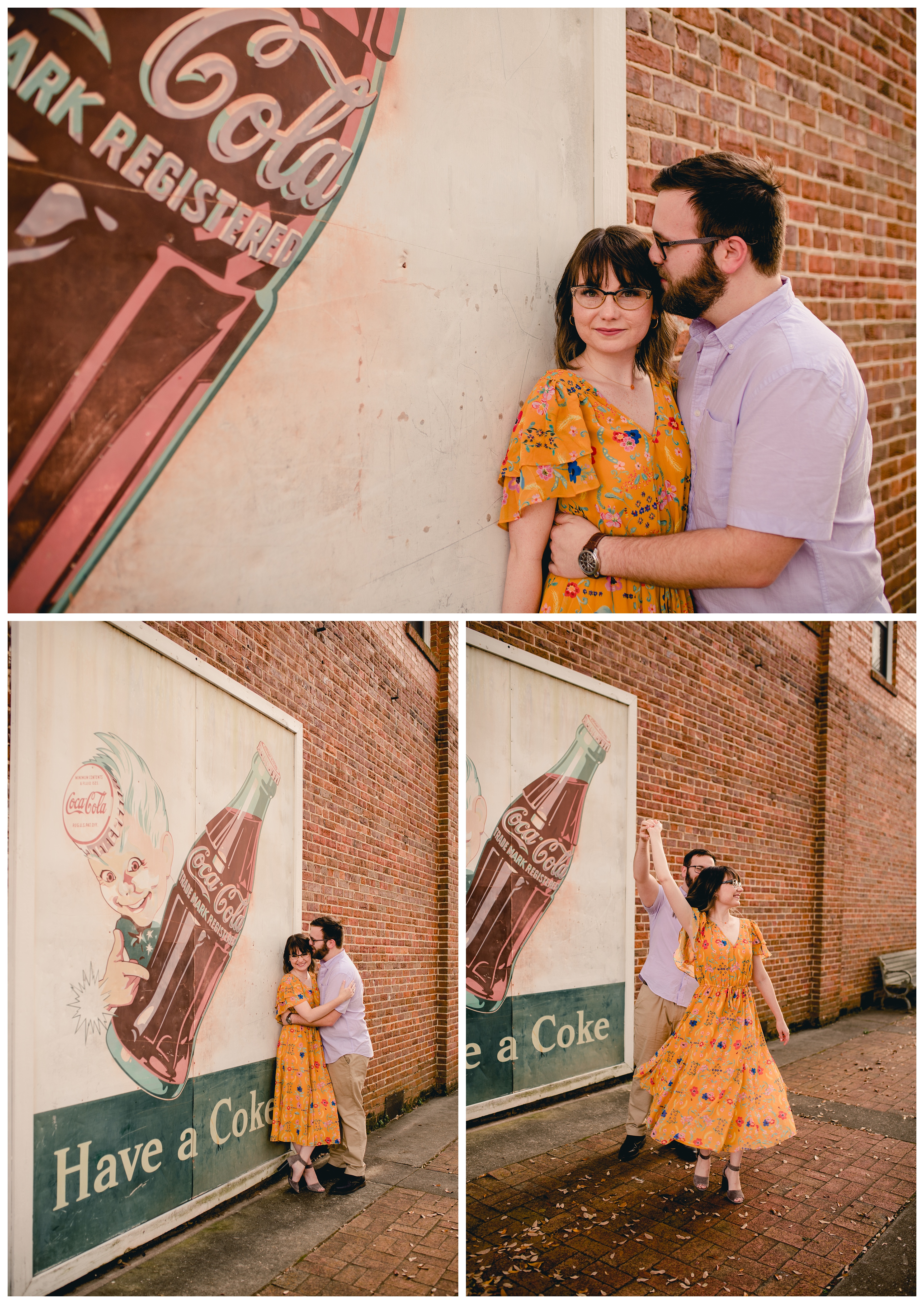 Fun engagement session in North Florida by Coca Cola vintage sign. Shelly Williams Photography