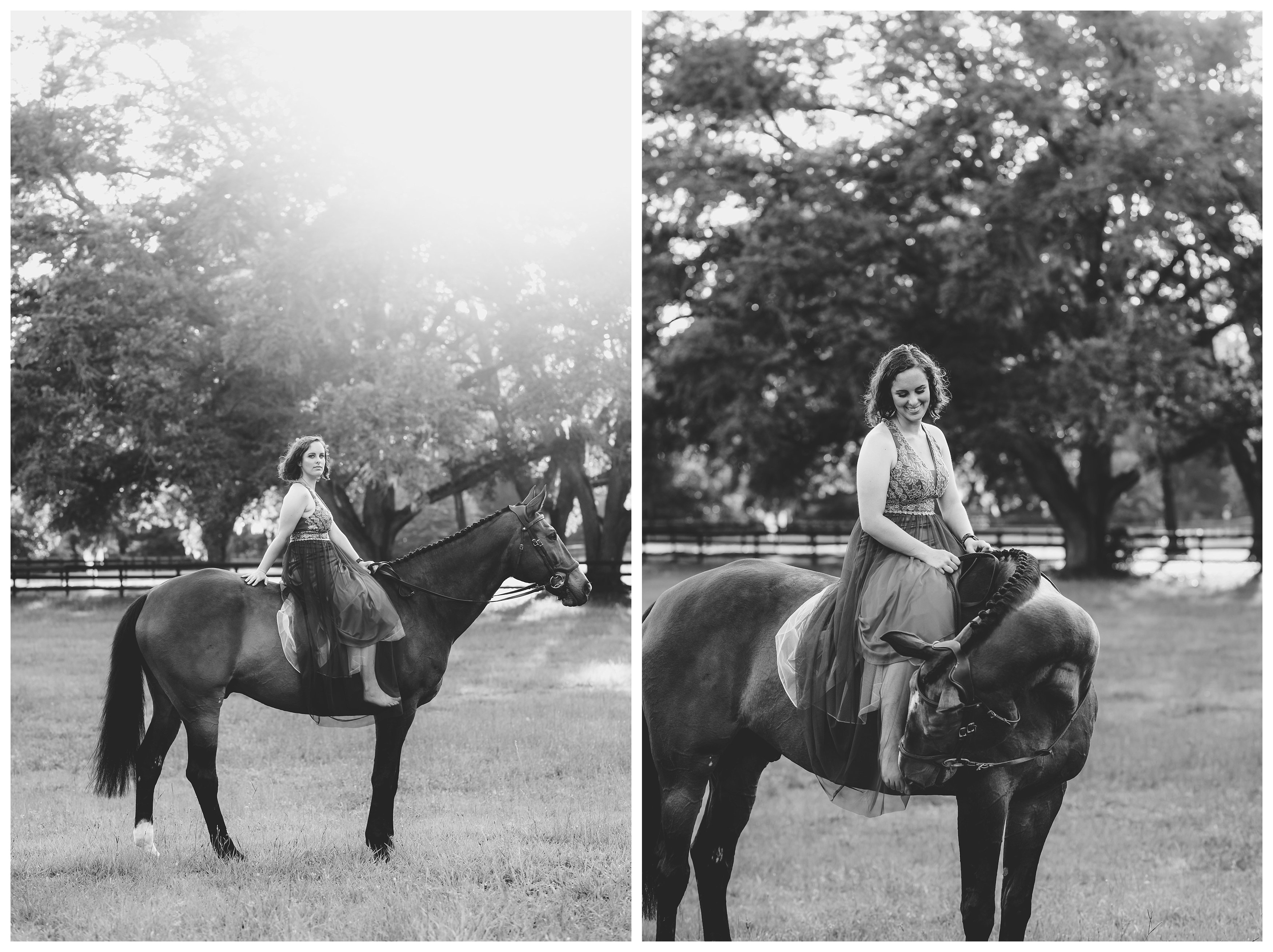 Black and white photos of girl riding her horse in a long formal dress.