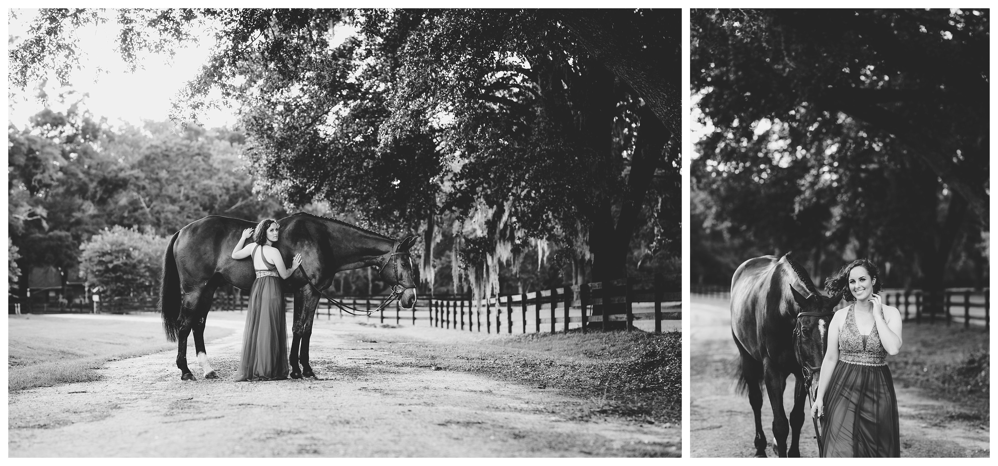 Black and white photos of girl walking her horse down a driveway taken by Ocala horse photographer.