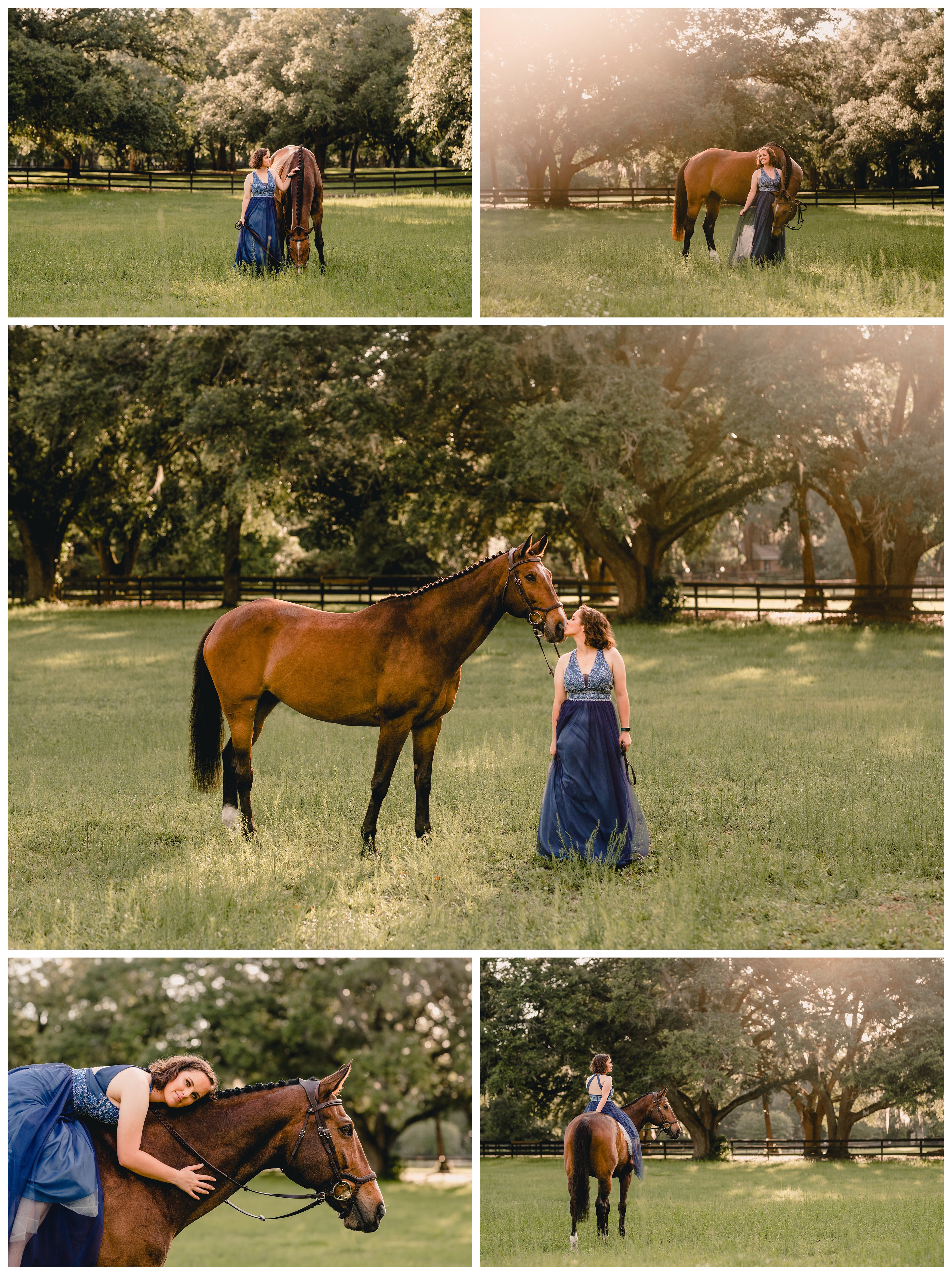 Girl wears long blue formal dress to take pictures with her horse in Ocala, FL taken by equine photographer.