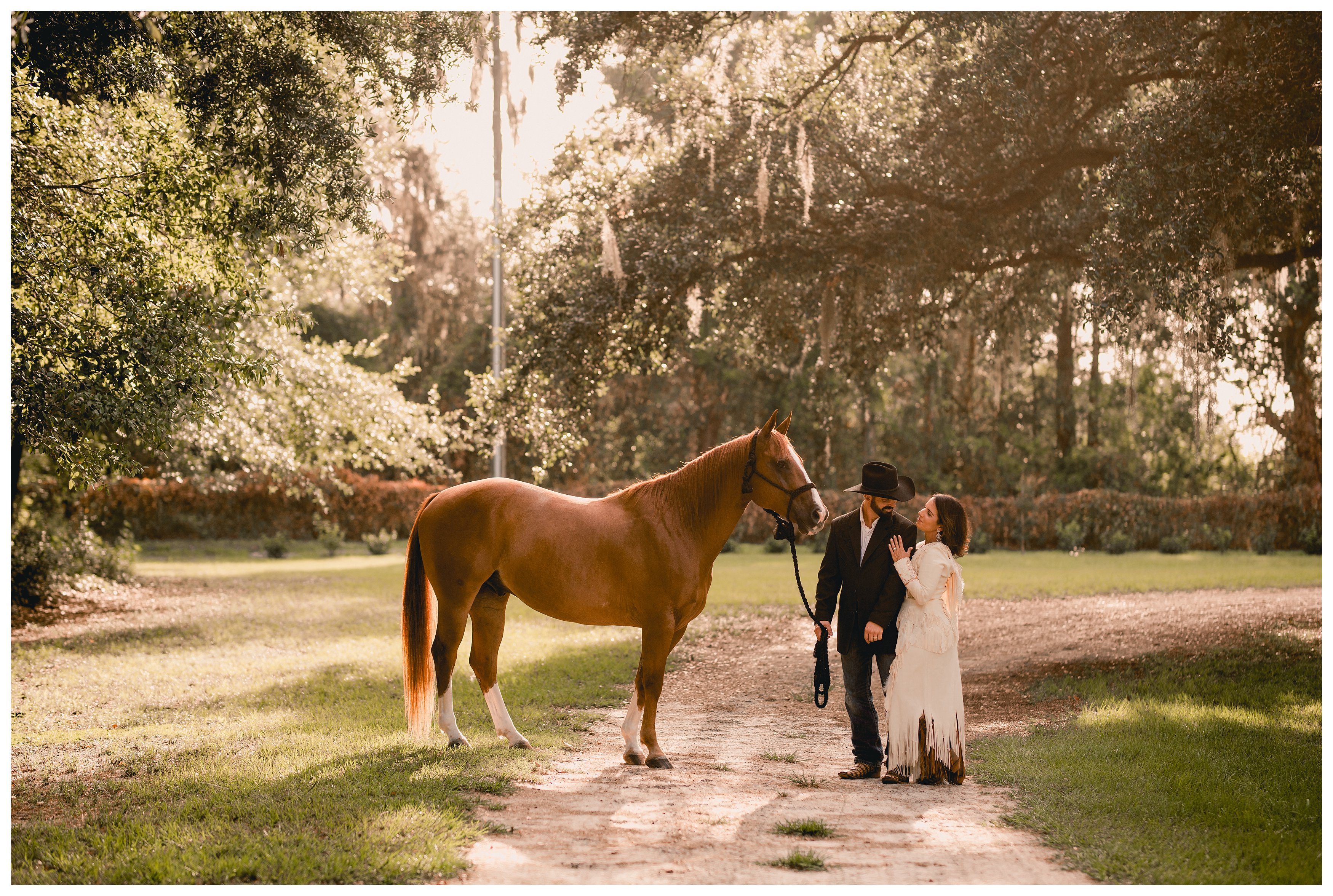 Beautiful scenery for a western couple session taken in Gainesville, Florida. The canopy trees are brilliant.