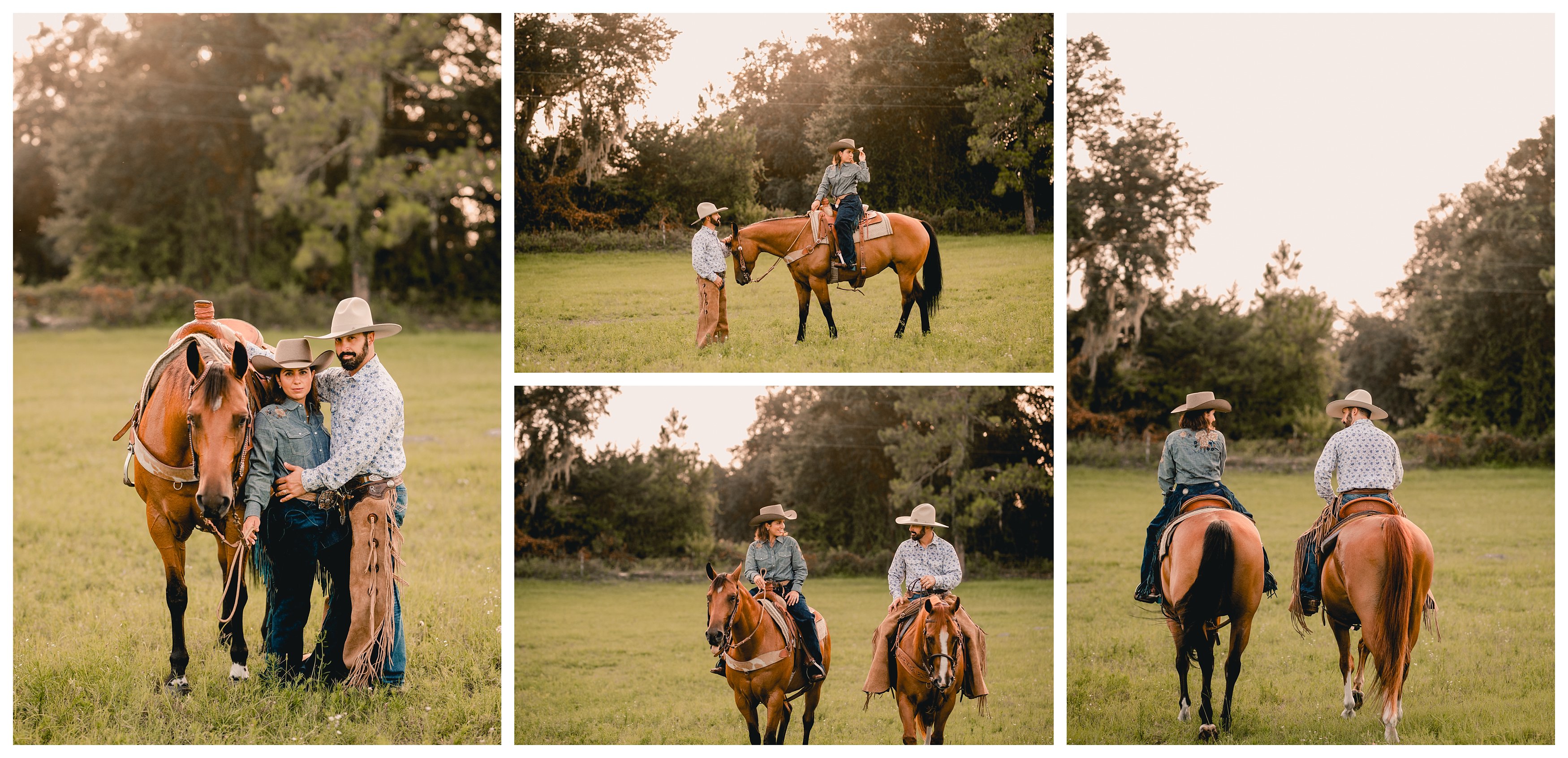 Couple photos taken in chaps and cowboy hats for western couple in Ocala.