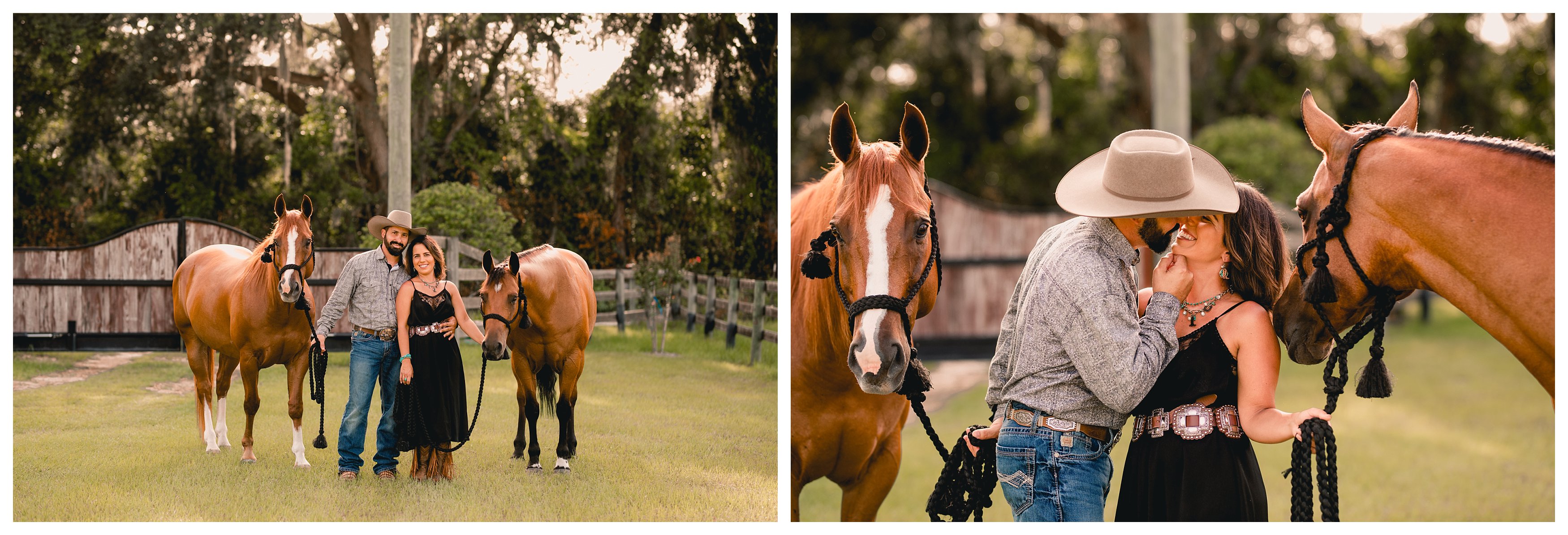 Western couple photoshoot with two horses during the golden hour in Ocala, FL.