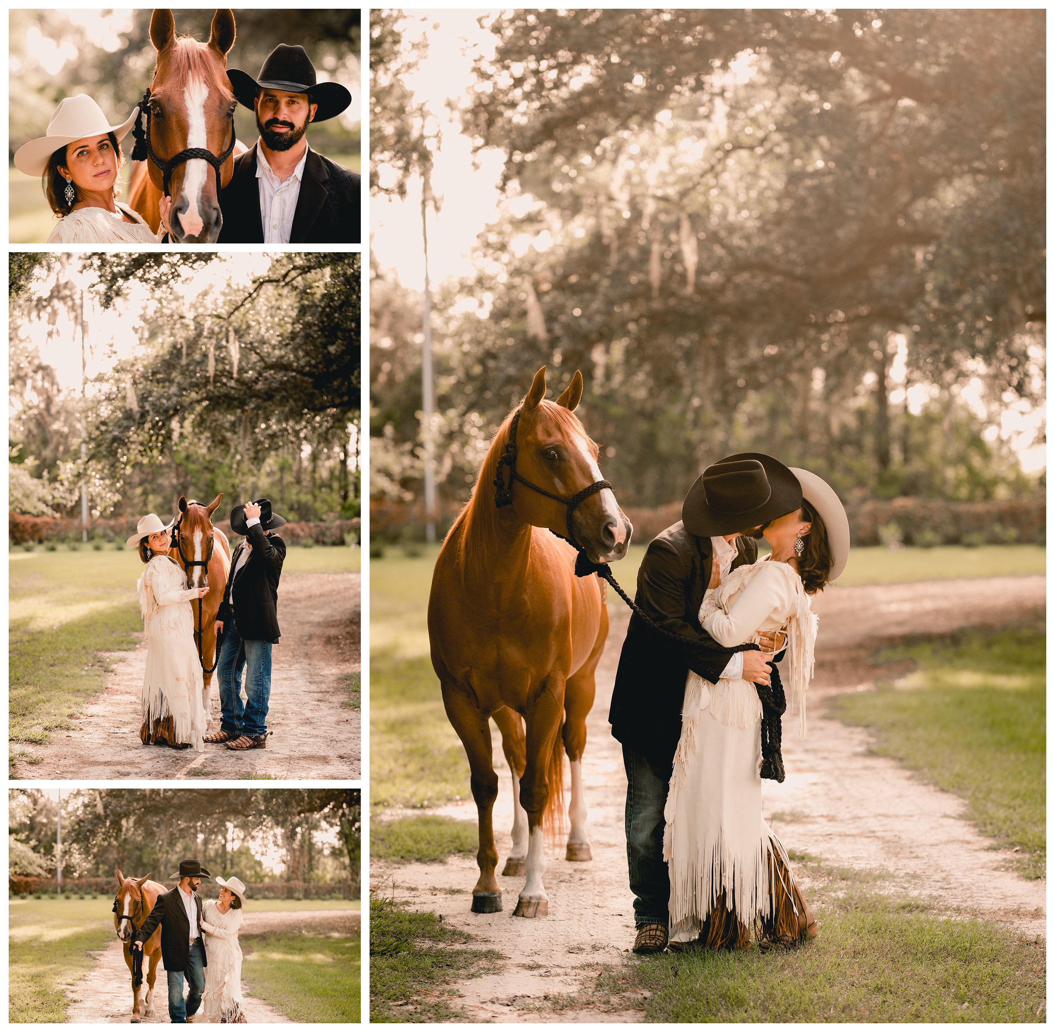 Wedding couple wearing western fashionable fringe dress and cowboy hats taken with their horse.