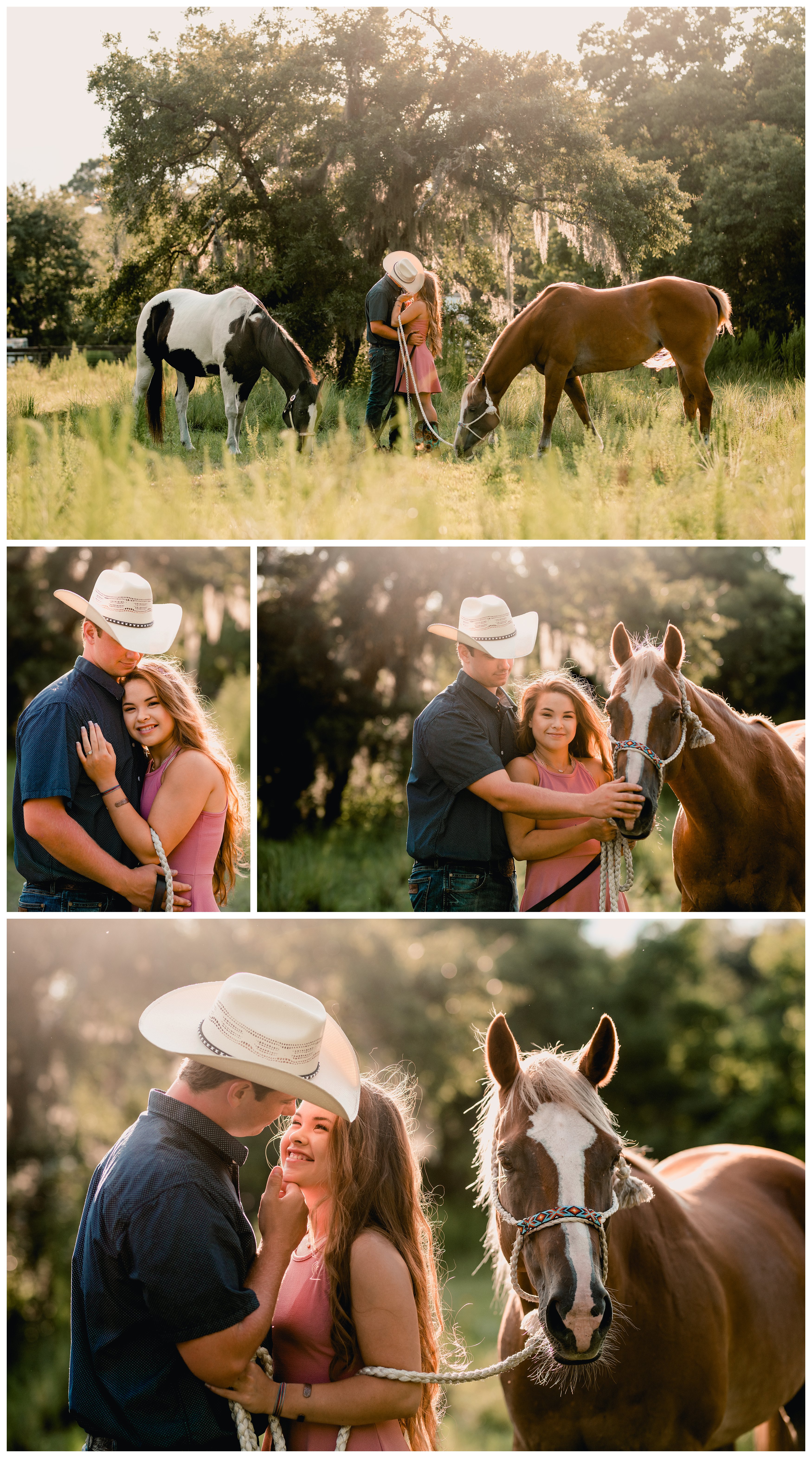 Cowboy and cowgirl engagement photos taken with their horses in Jacksonville, Fl.