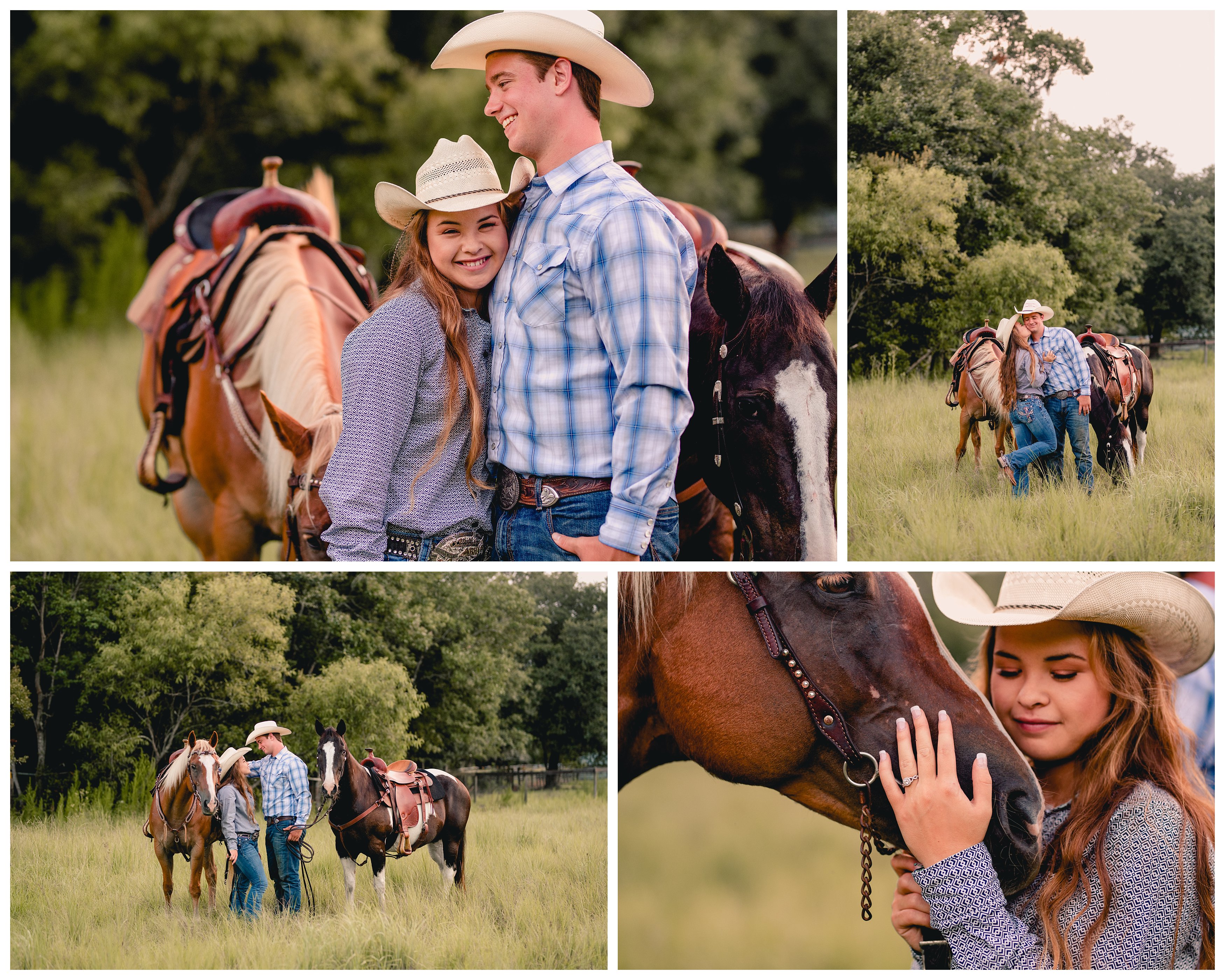 Engagement session for cowboy and cowgirl in Jacksonville, FL with their two horses.