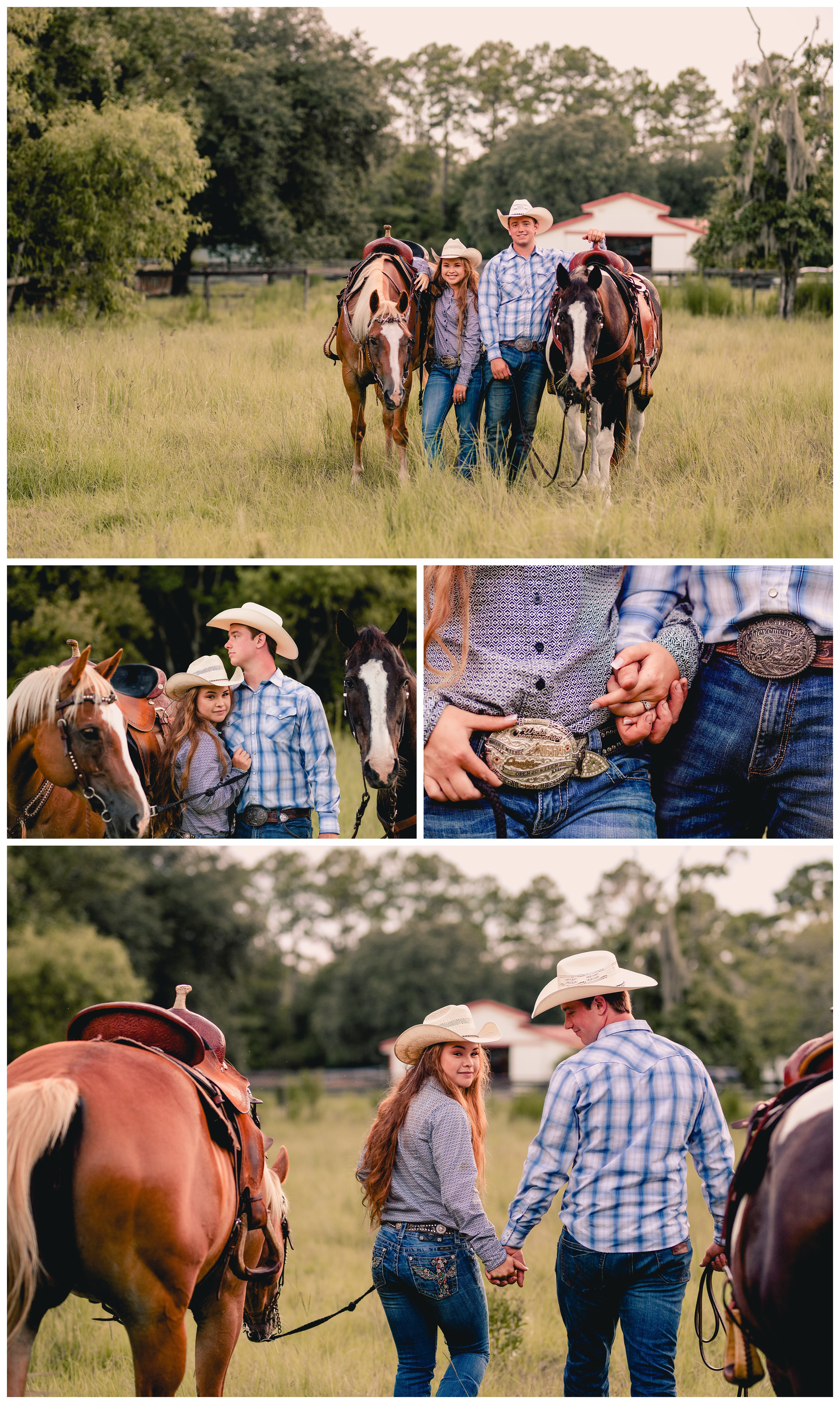 Fun and interactive couples session with two horses taken by horse photographer in North Florida.