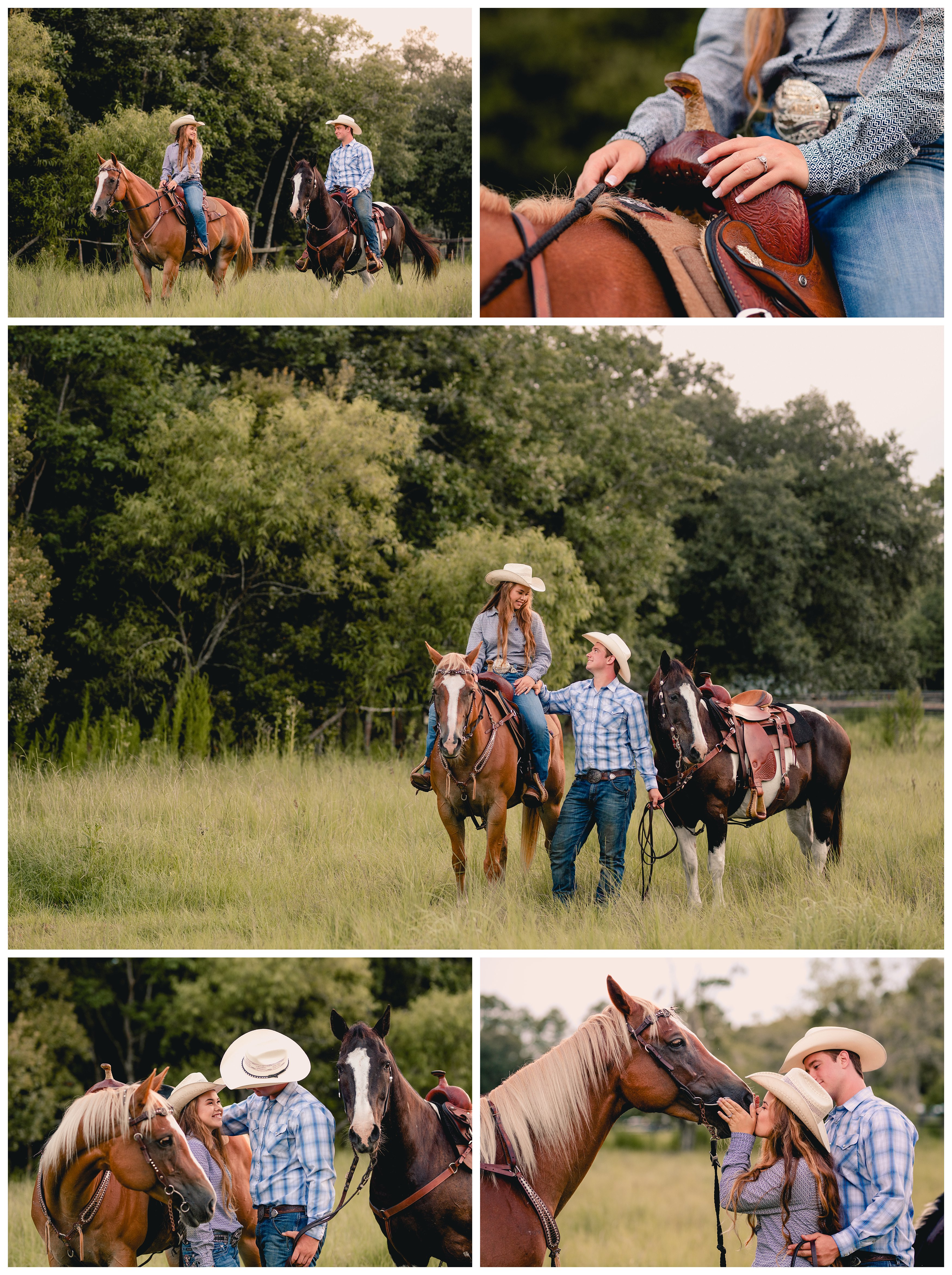 Poses for a couple with two horses wearing cowboy hats taken by Florida horse photographer.
