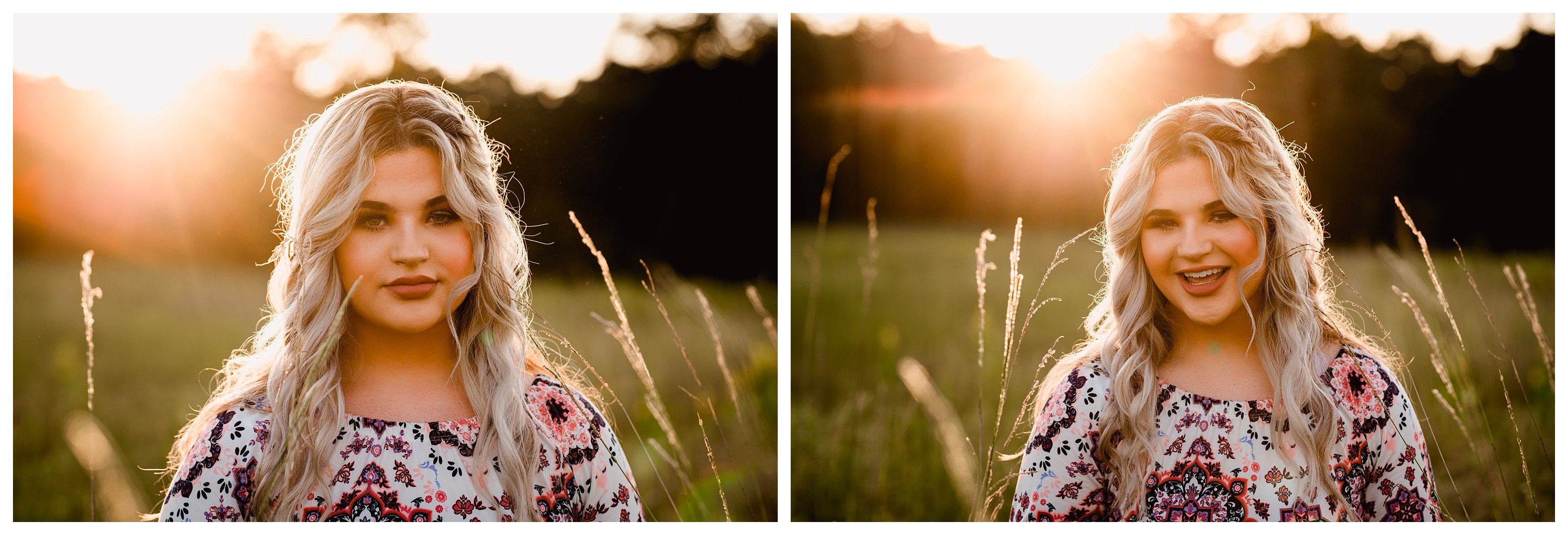 Golden hour senior pictures taken in field with sunflares.
