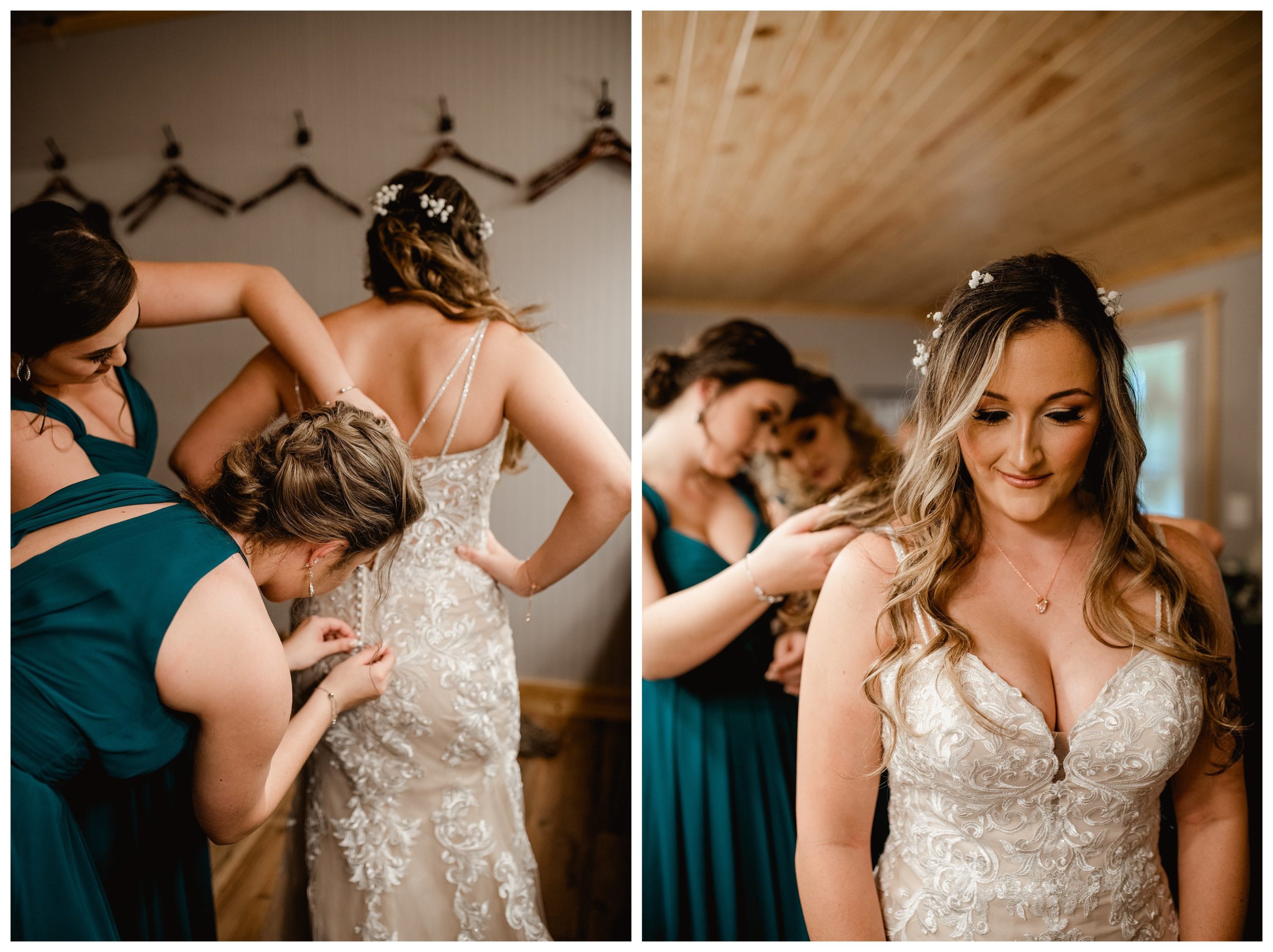 Bride getting in her wedding gown on her big day.