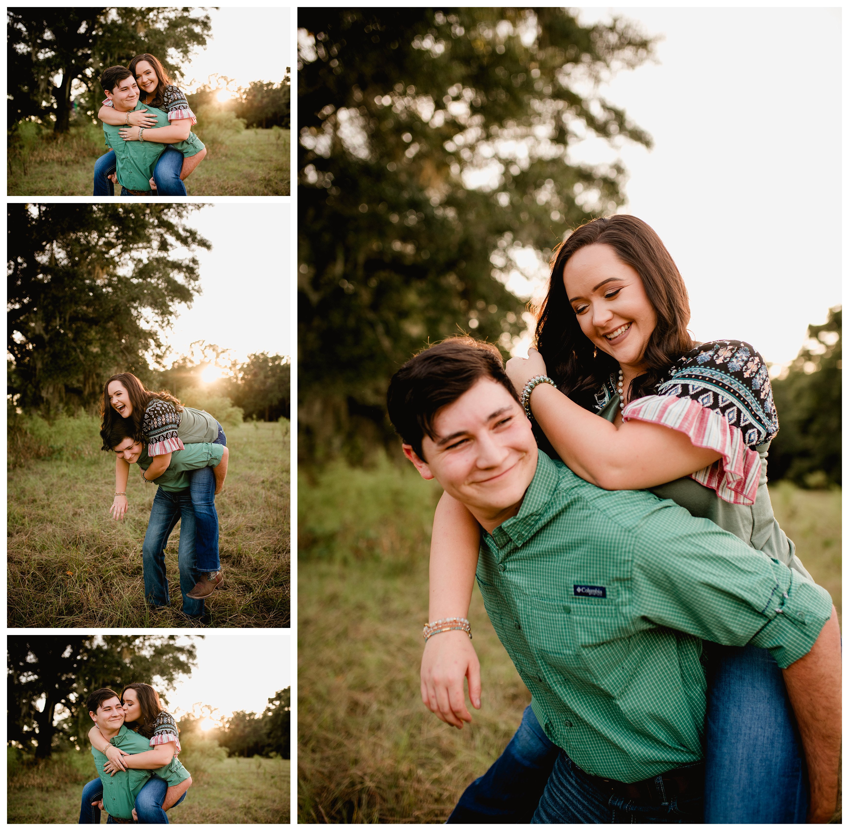 Fun and goofy posing ideas for couples pictures in a field.