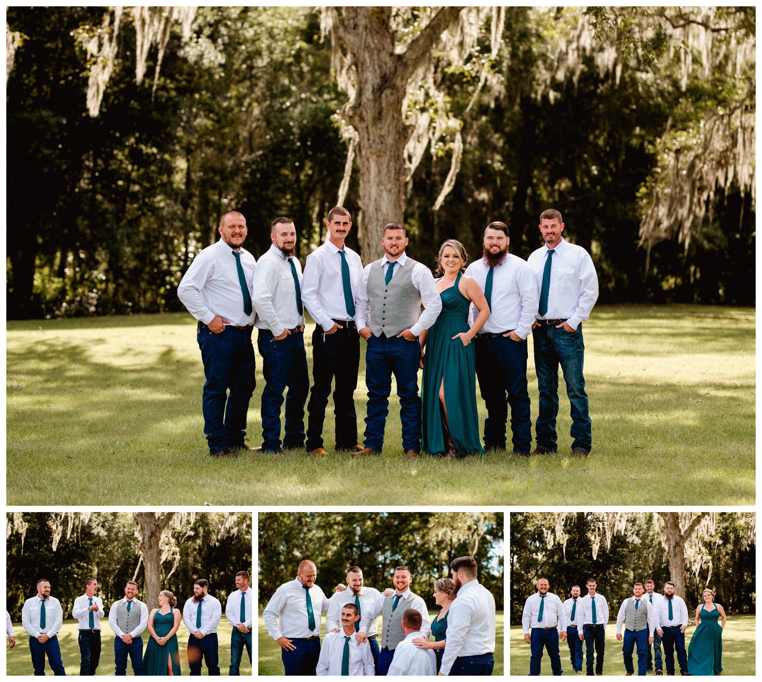 Groom with his groomsmen during outside wedding ceremony,