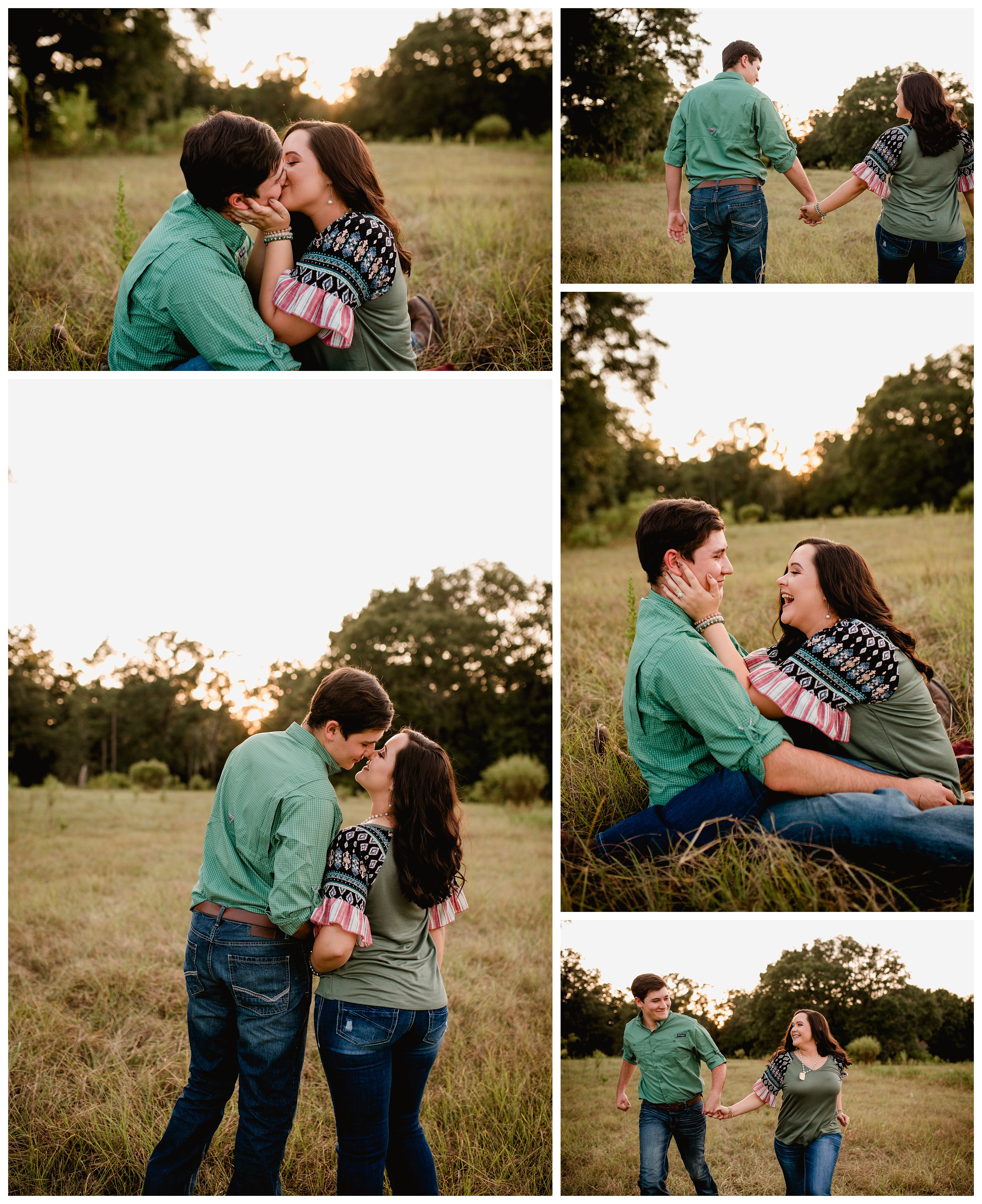 Wedding photographer takes photos of couple for their engagement in a field at sunset.
