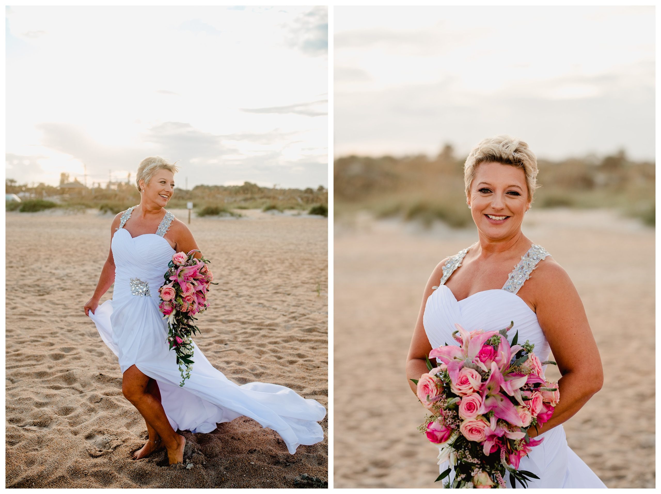 Bridal portraits taken in flowing, beach wedding dress in St. Augustine.