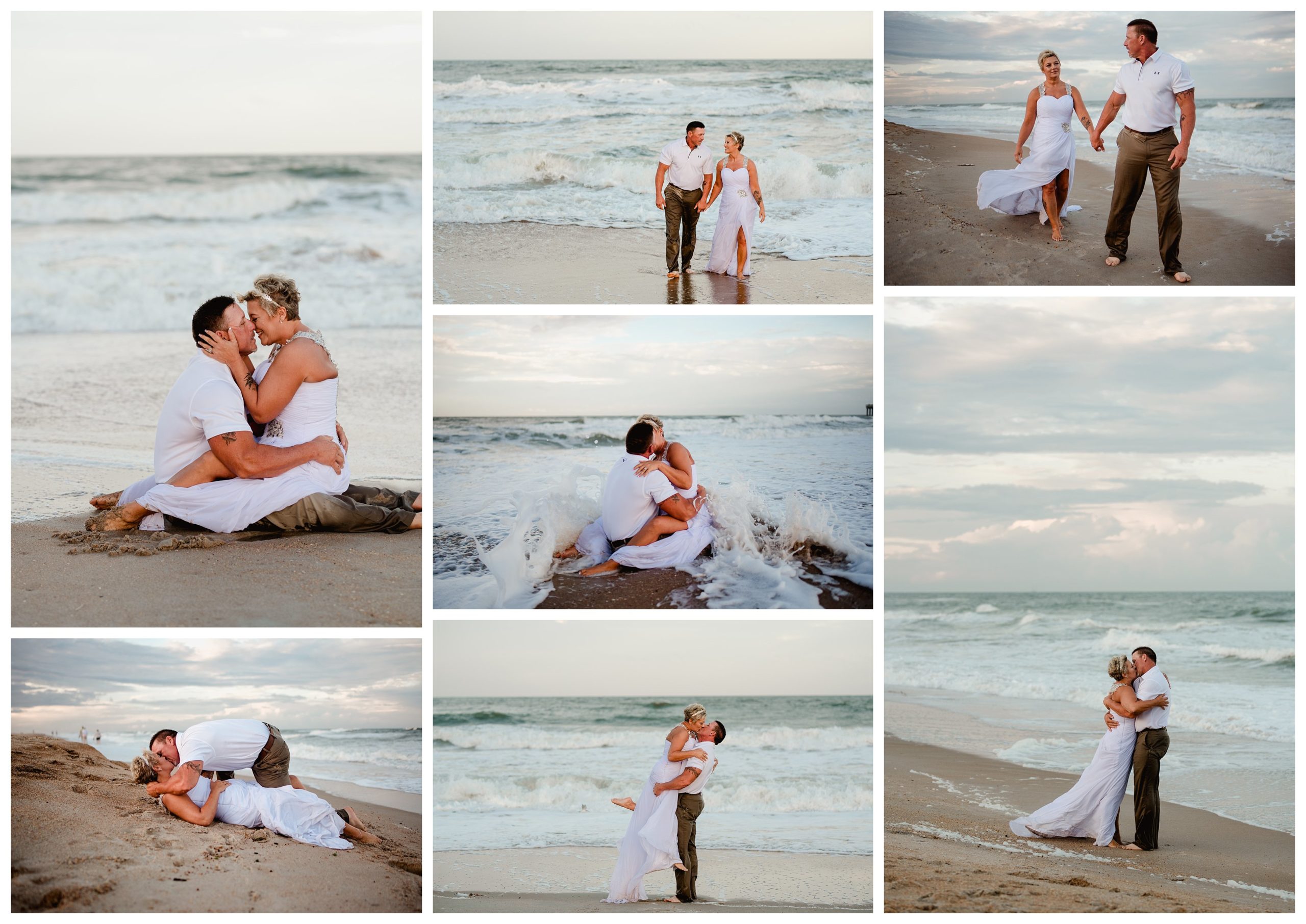 Wedding couple photos taken in the beach water while trashing the dress.