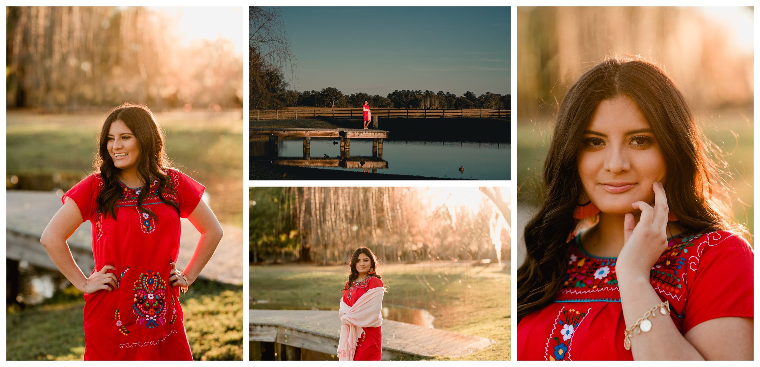 Senior wears Mexican heritage dress for senior pictures during the golden hour.