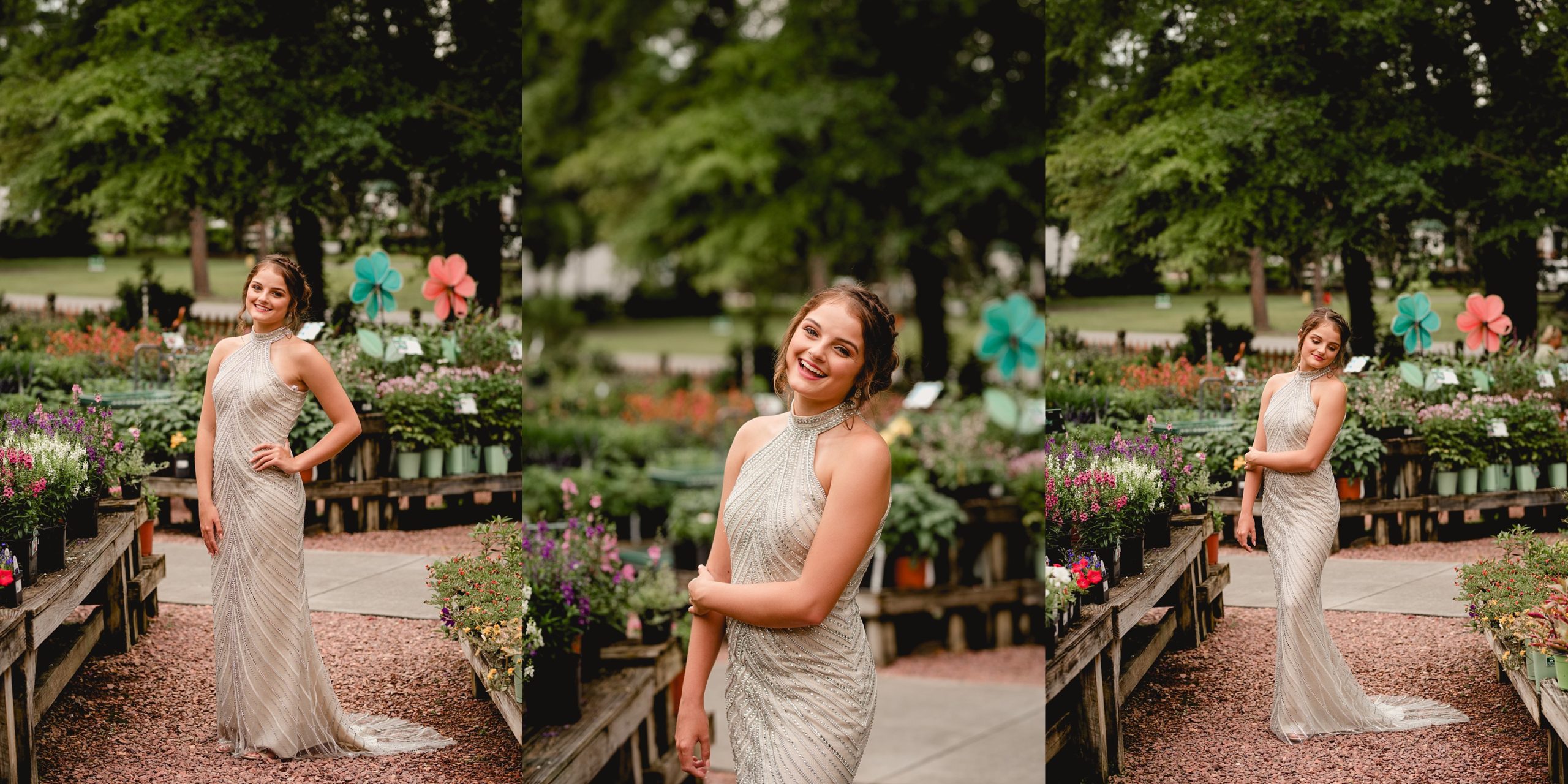 Girl in a prom dress at a greenhouse and nursery