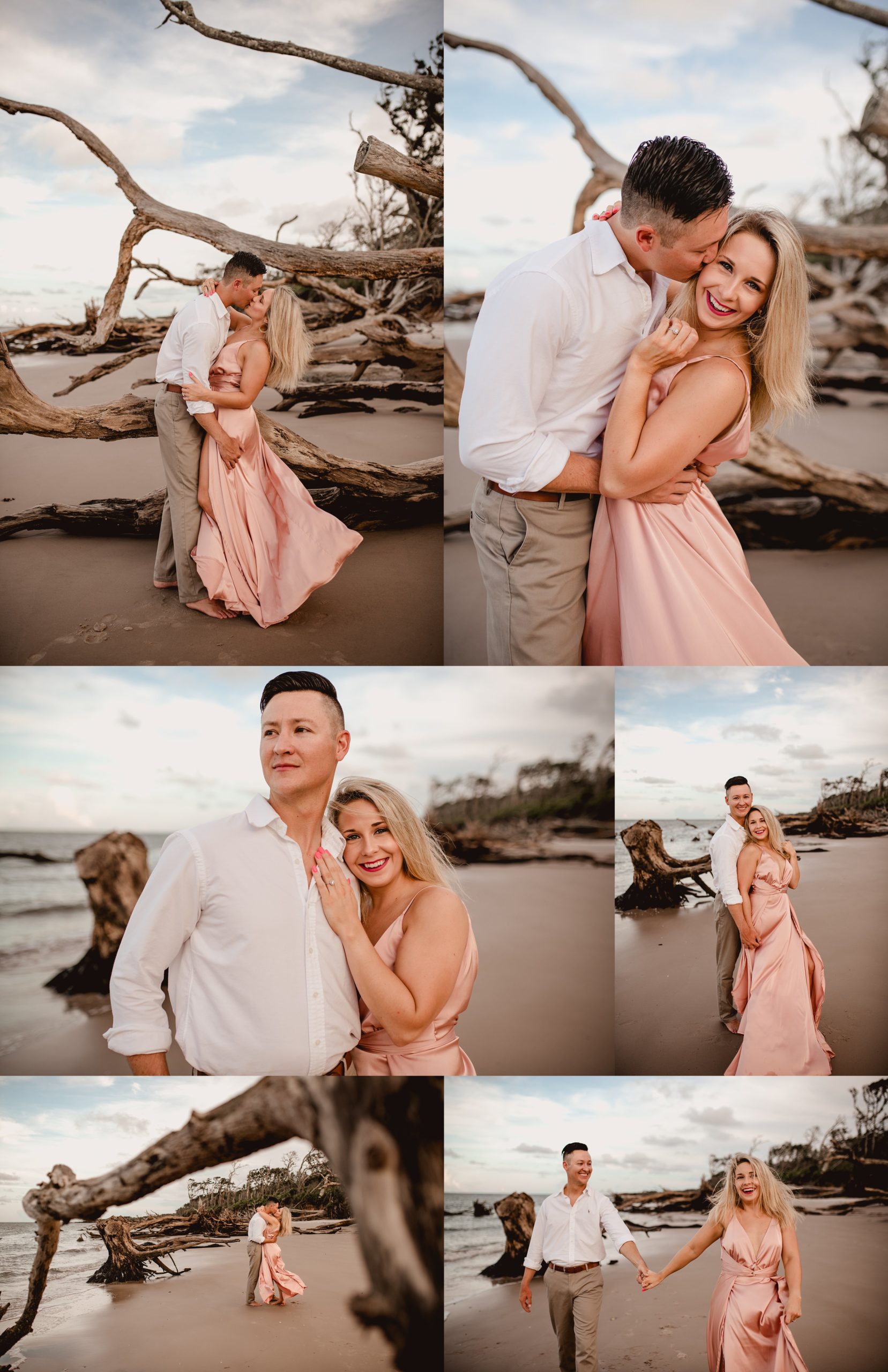 Photos taken on the beach with girl wearing blush colored flowwy dress.