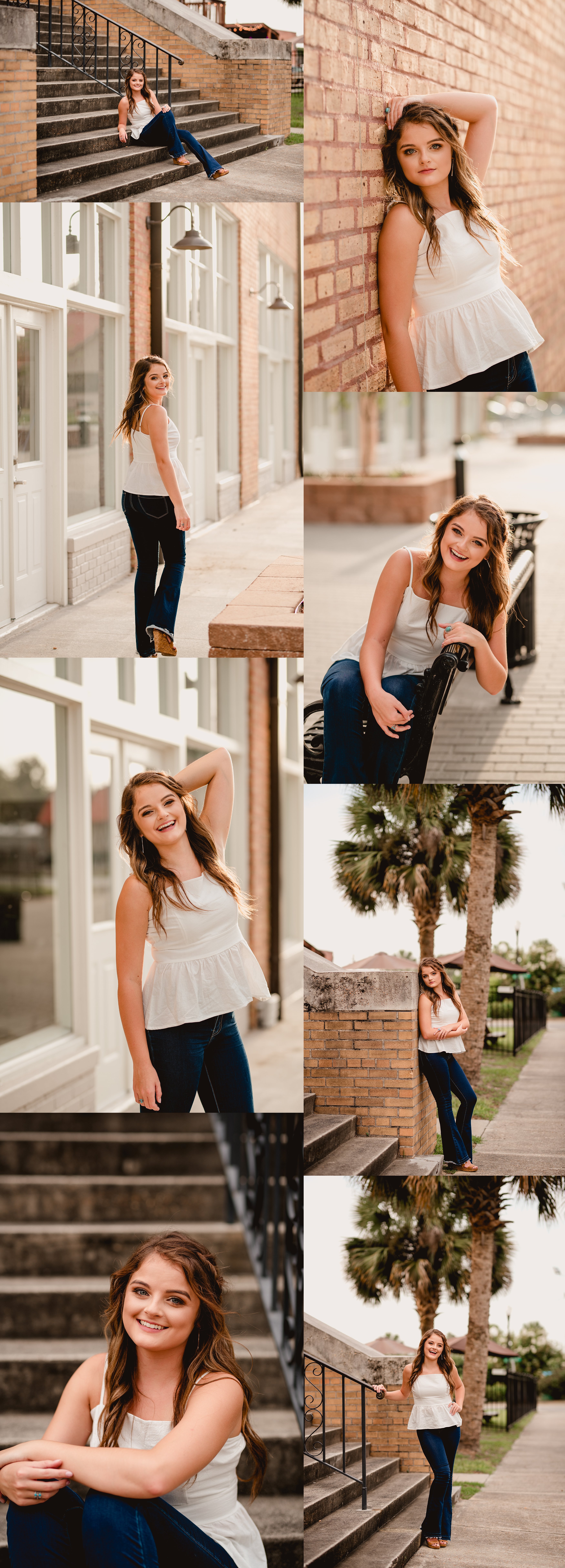 Senior pictures with brick buildings in the downtown area.