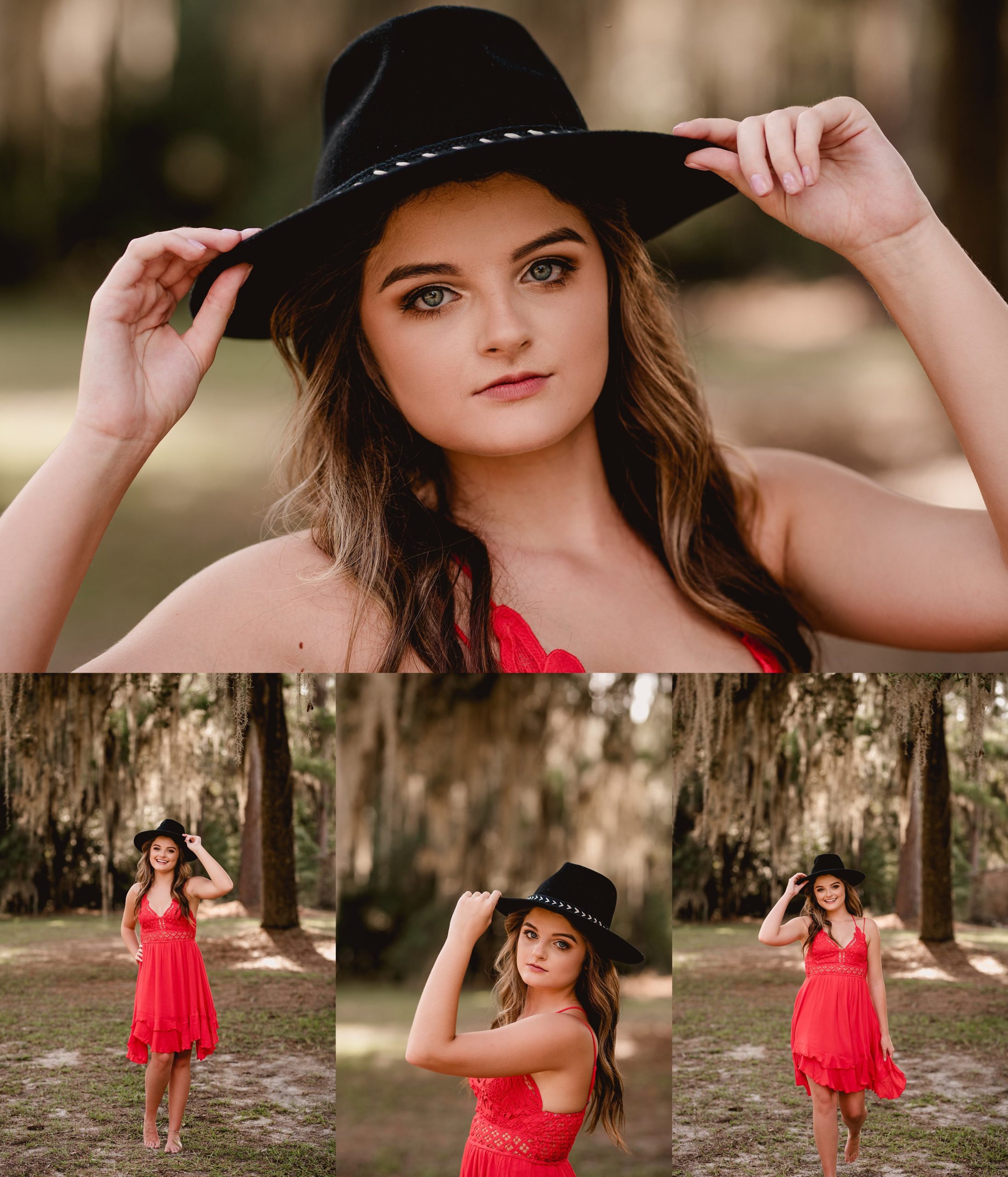 Senior wears beautiful red dress for pictures.