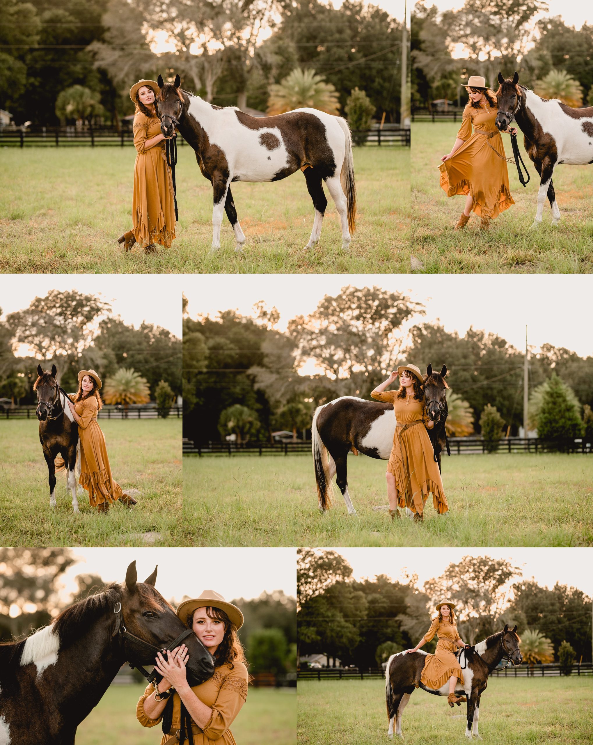 Beautiful sunset photos with girl in yellow dress and APHA gelding.