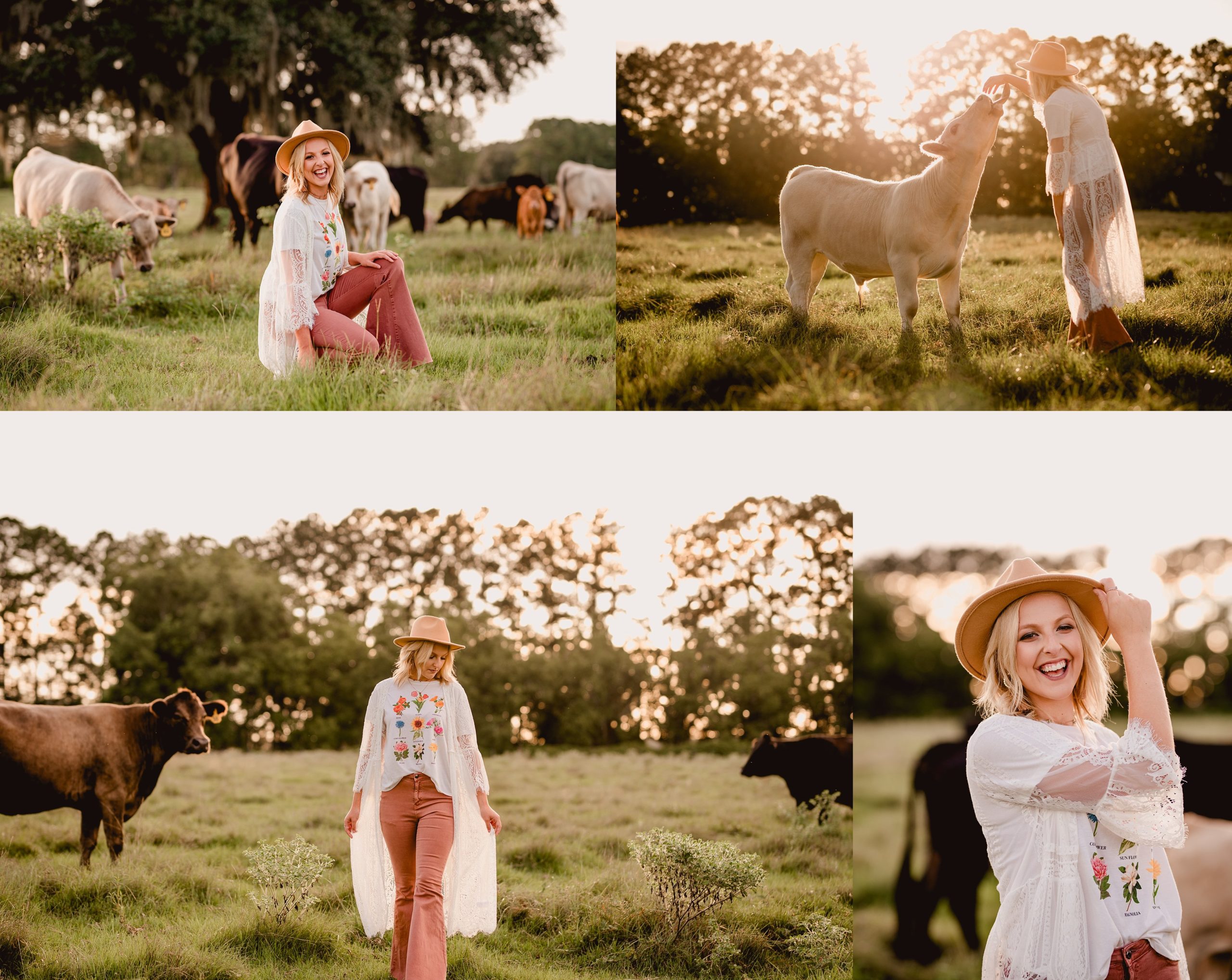 Senior pictures taken with cows on a farm in North Florida by pro photographer.