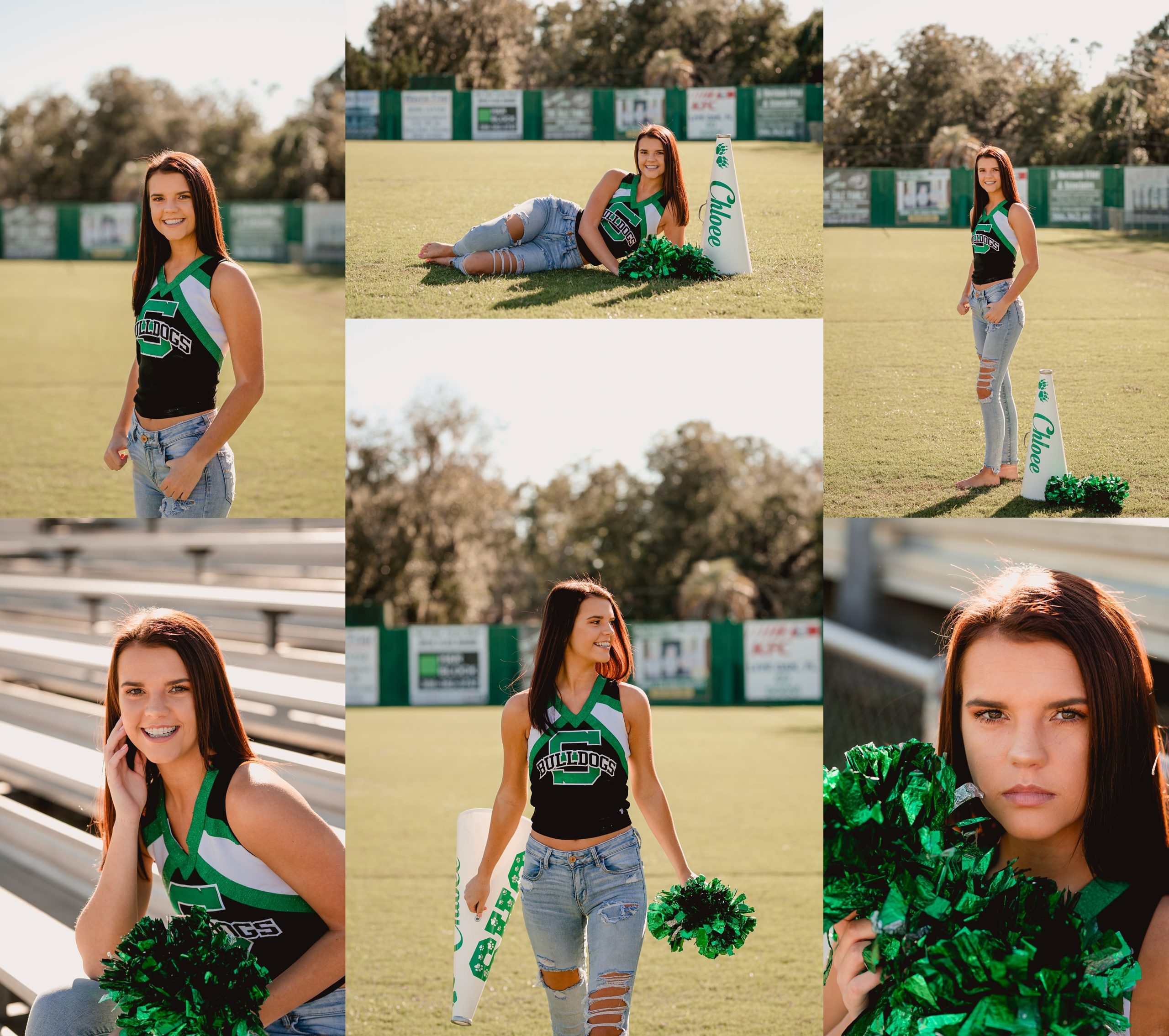 Senior cheerleader photos taken on the football field.