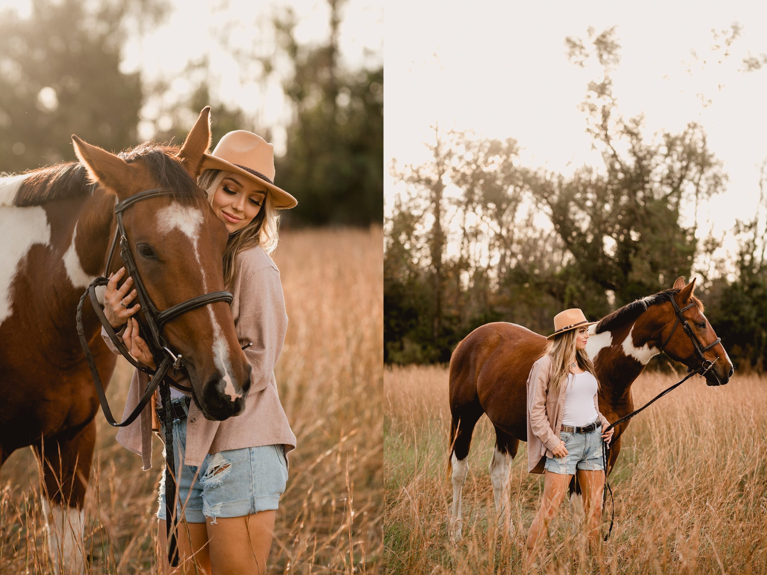 Beautiful horse and rider photos taken in tall winter grass at sunset.