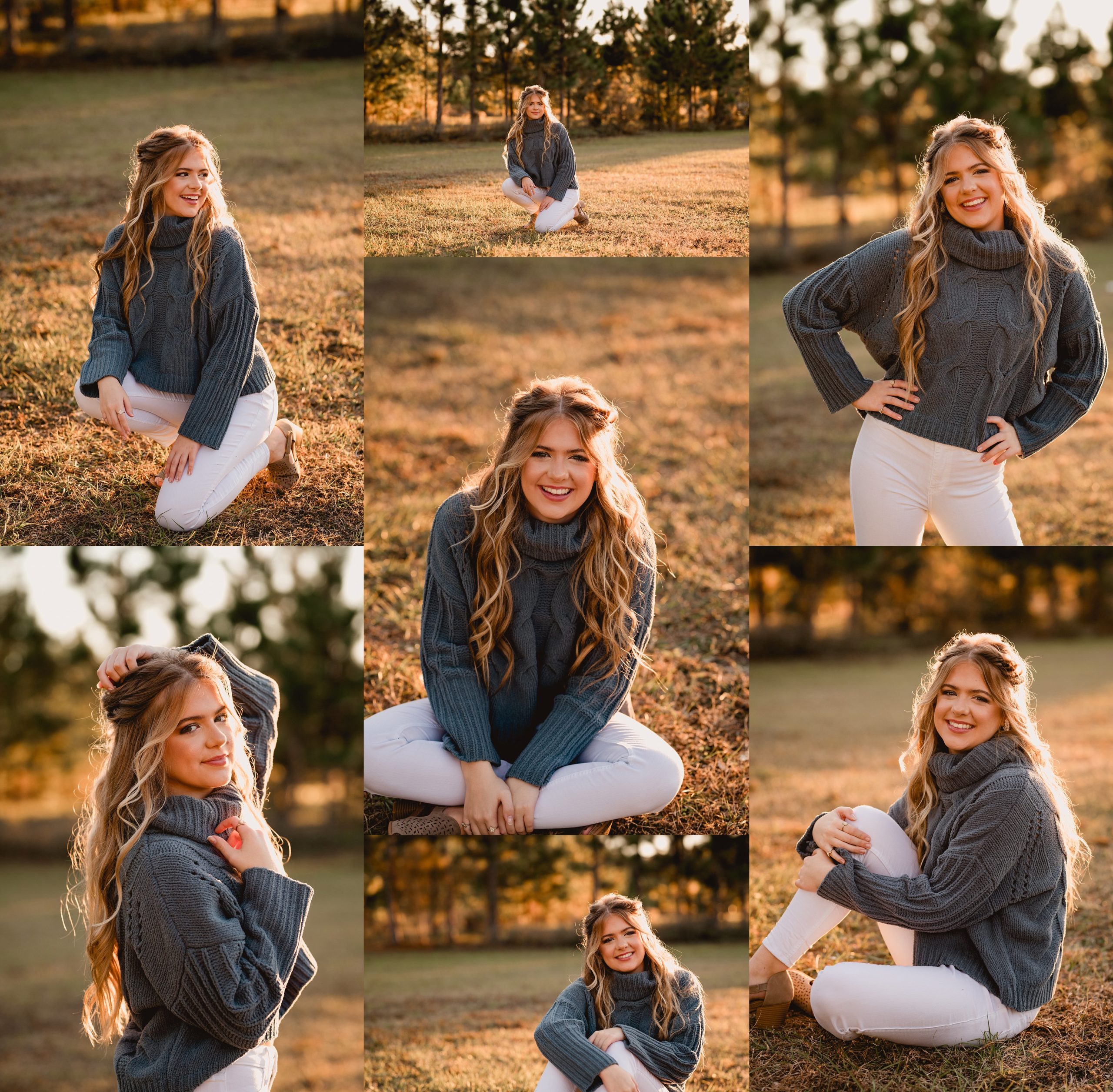 Cute poses for senior pictures at sunset wearing white jeans and sweater.