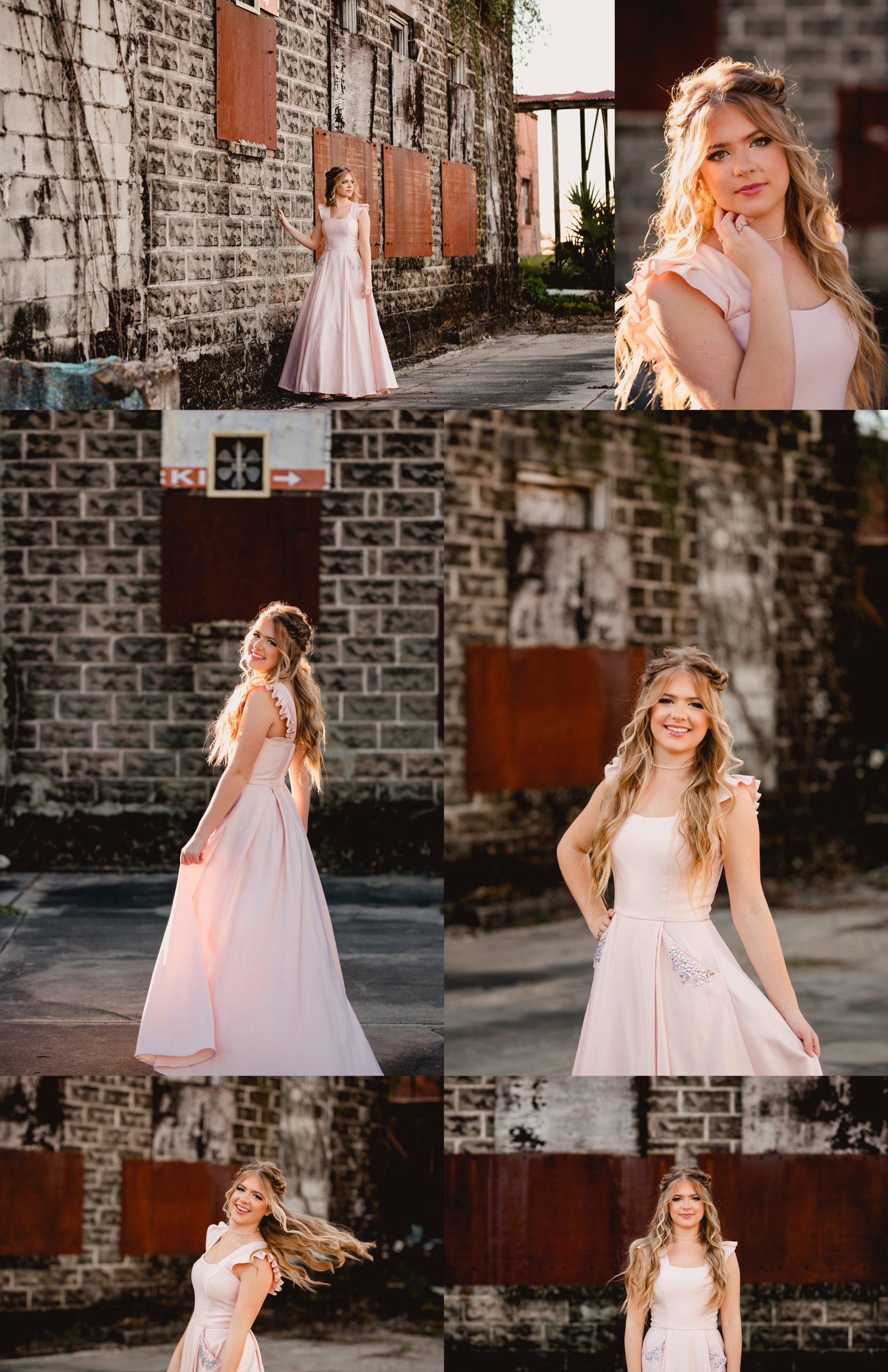 Rustic senior pictures taken with prom dress by buildings. Lake City FL