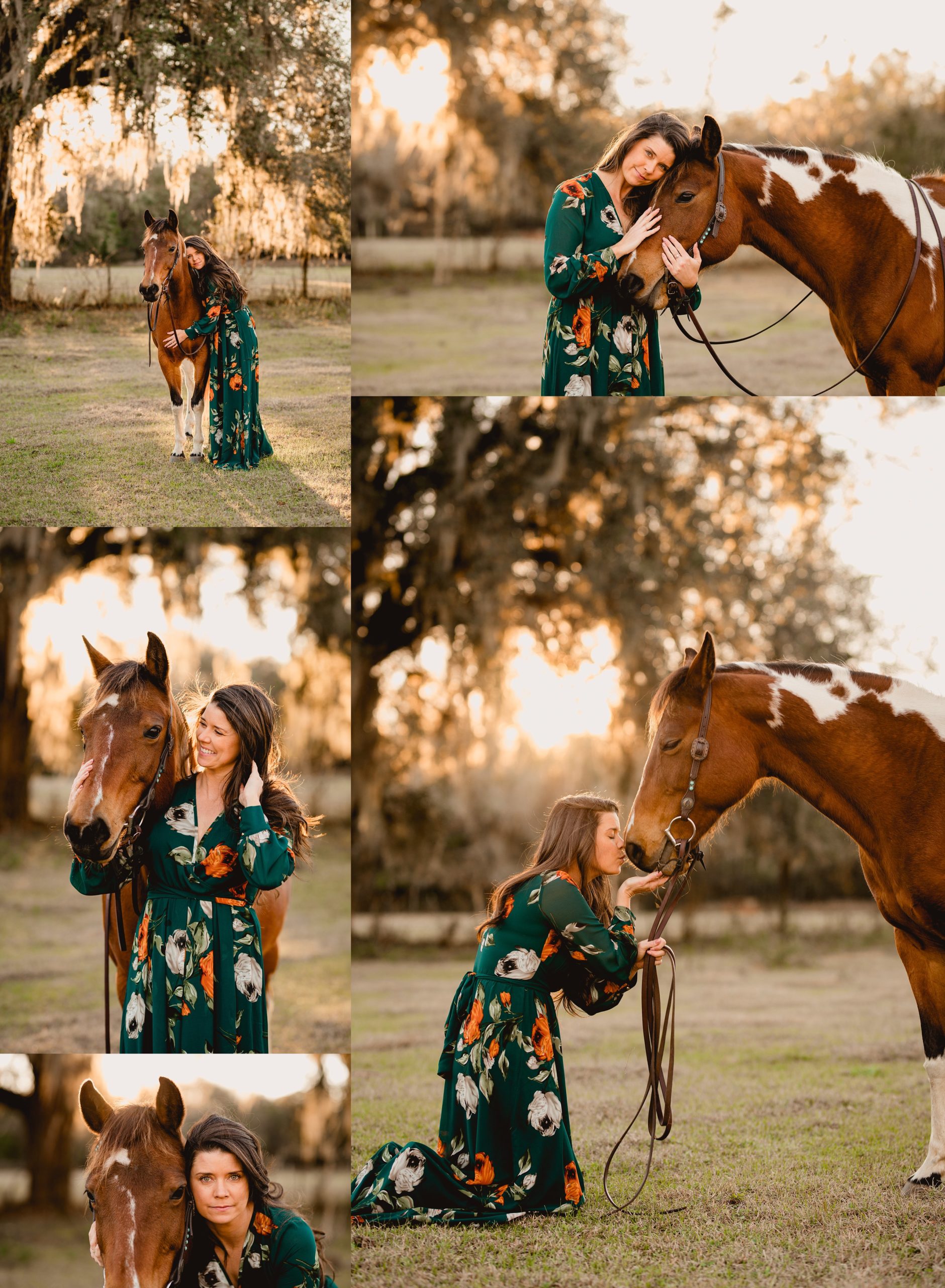 Posing ideas with woman and horse at sunset with long flowy dress. Baltic born green floral dress. APHA Mare. Tallahassee professional photographer.