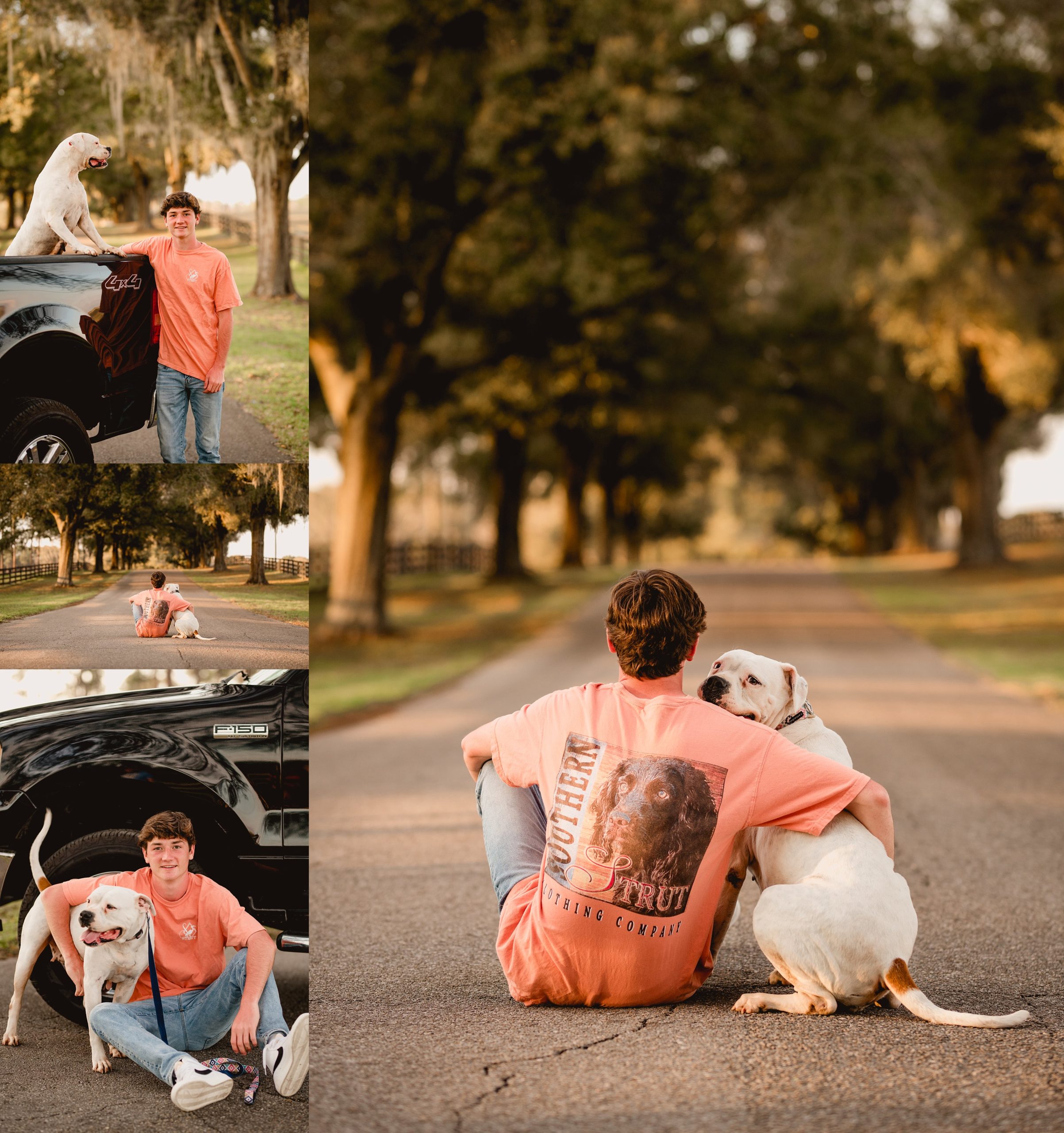 Senior boy takes pictures with his dog and his truck in North Florida.